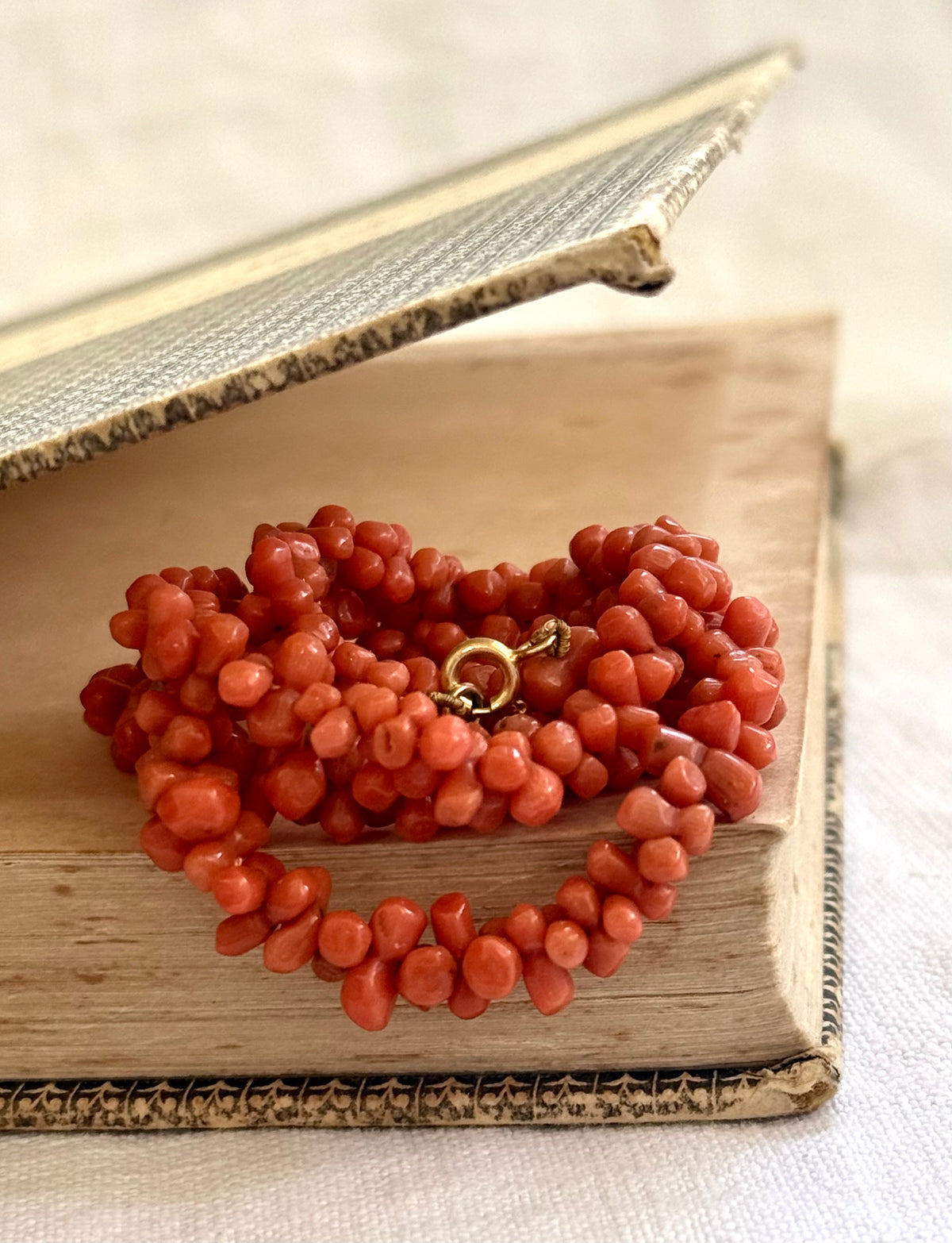 .1800s .1900s .375 .9ct gold Natural Salmon carved Coral dogbone bead Coral treasured heirloom necklace