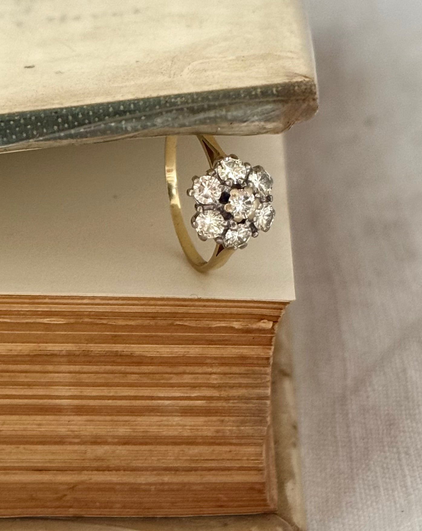 .18ct .1900s 1.00ct round brilliant antique floral cluster rosette high carat 750 yellow and white gold ring