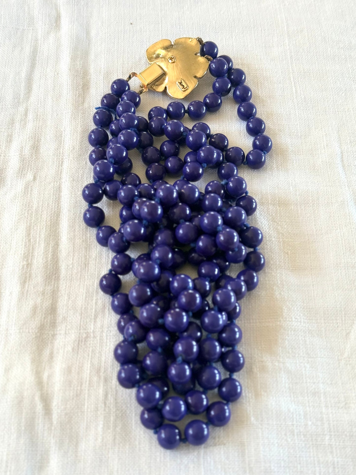 .100cm long .1980s Rare Yves Saint Laurent designer double long strand Lapis Blue Royal Blue Rose Flower gold tone floral clasp costume accent necklace