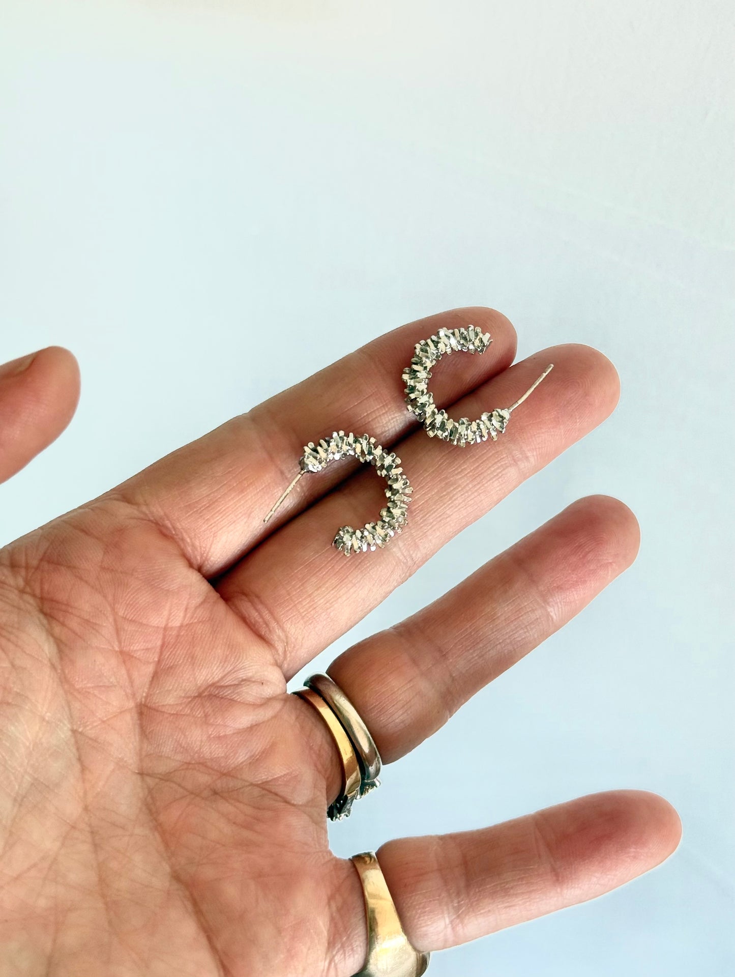 .925 Brutalist style tinsel textured sterling silver hoop push in stud earrings