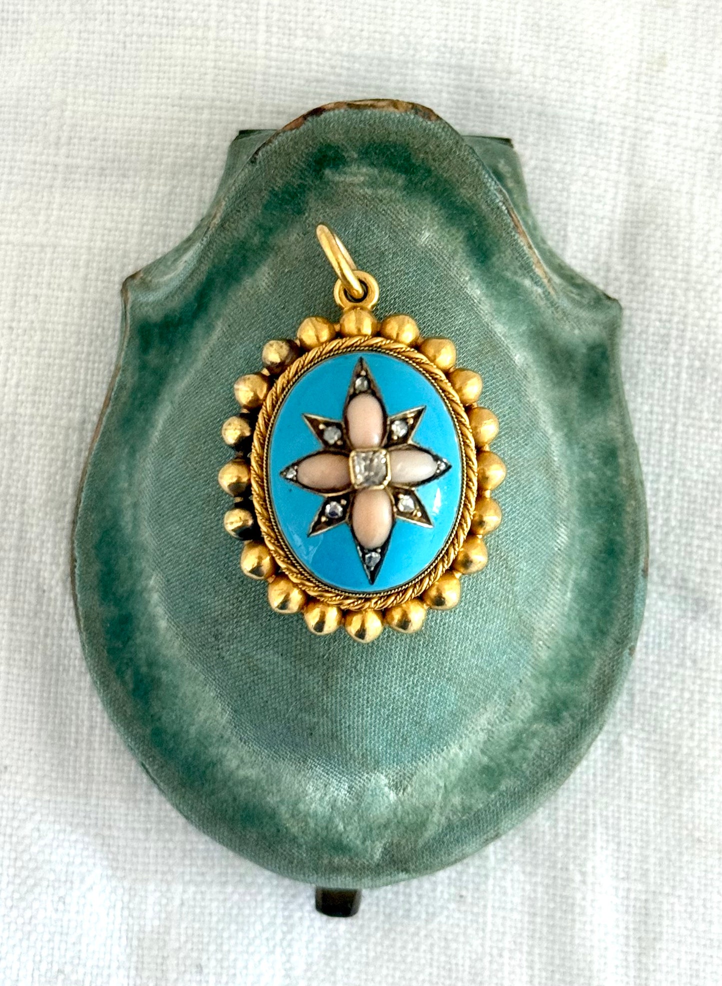 .15ct .1850s .1860s antique Victorian Yellow Gold Cushion cut Diamond Rose Cut Diamond star starburst Angel Coral and Blue Enamel Etruscan Revival Beaded border Mourning locket pendant