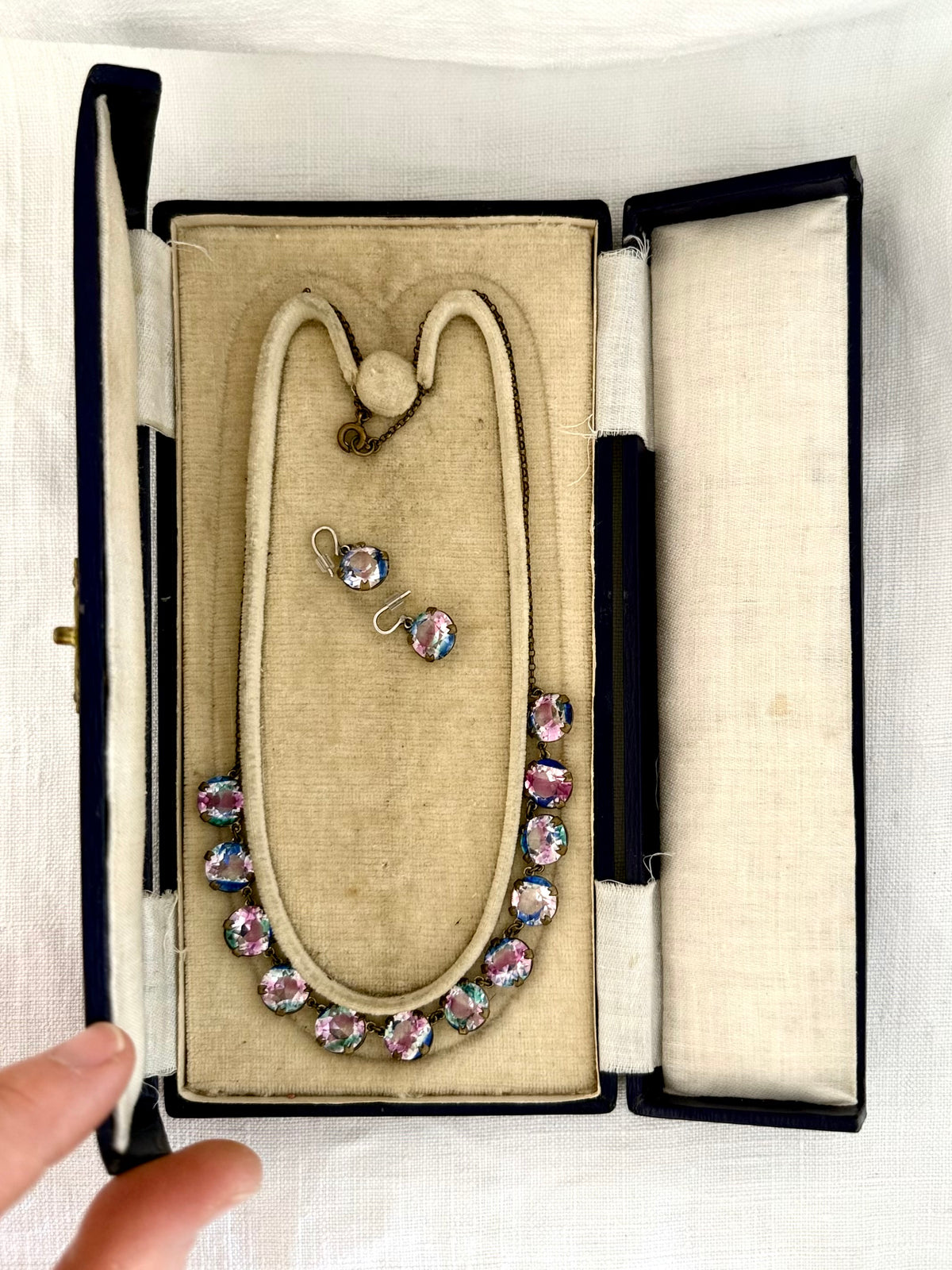 .1920s .1930s Iris Glass Riviera necklace and earring set in original presentation box