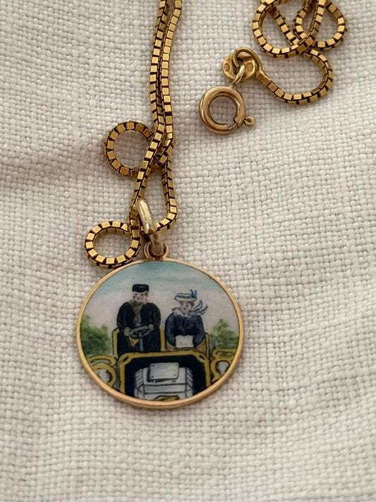 .1900s .375 .9ct gold enamel afternoon drive car drive quirky scene finely painted enamel on gold pendant