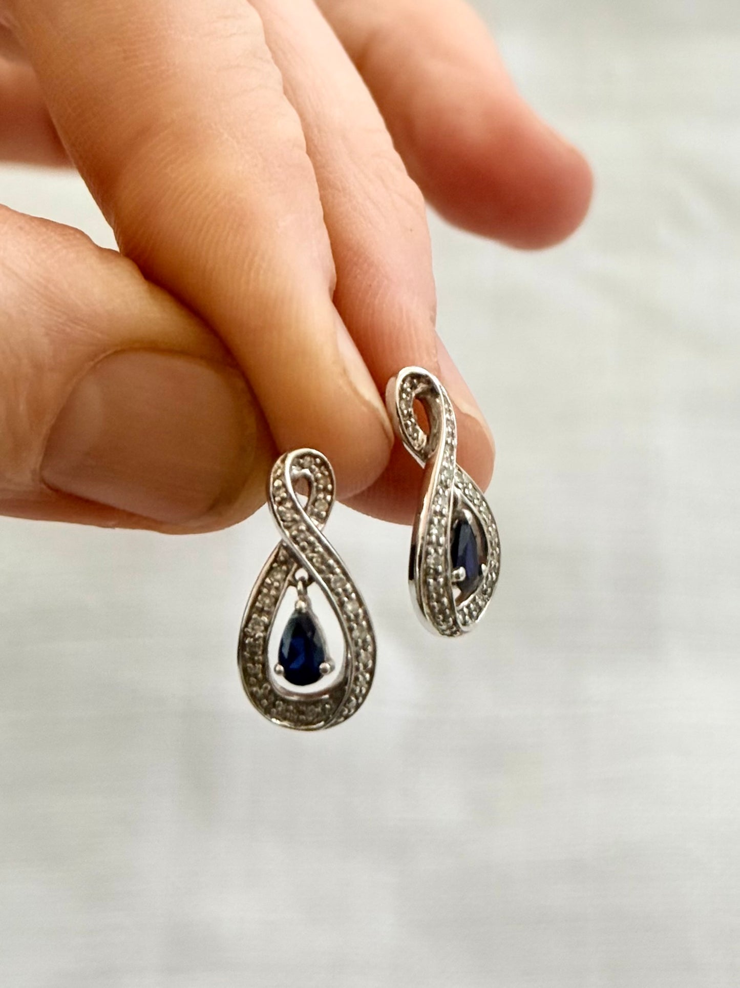 .375 .42 diamond .2 sapphires .9ct white gold infinity teardrop luxury post stud dangle diamond and sapphire push in earrings