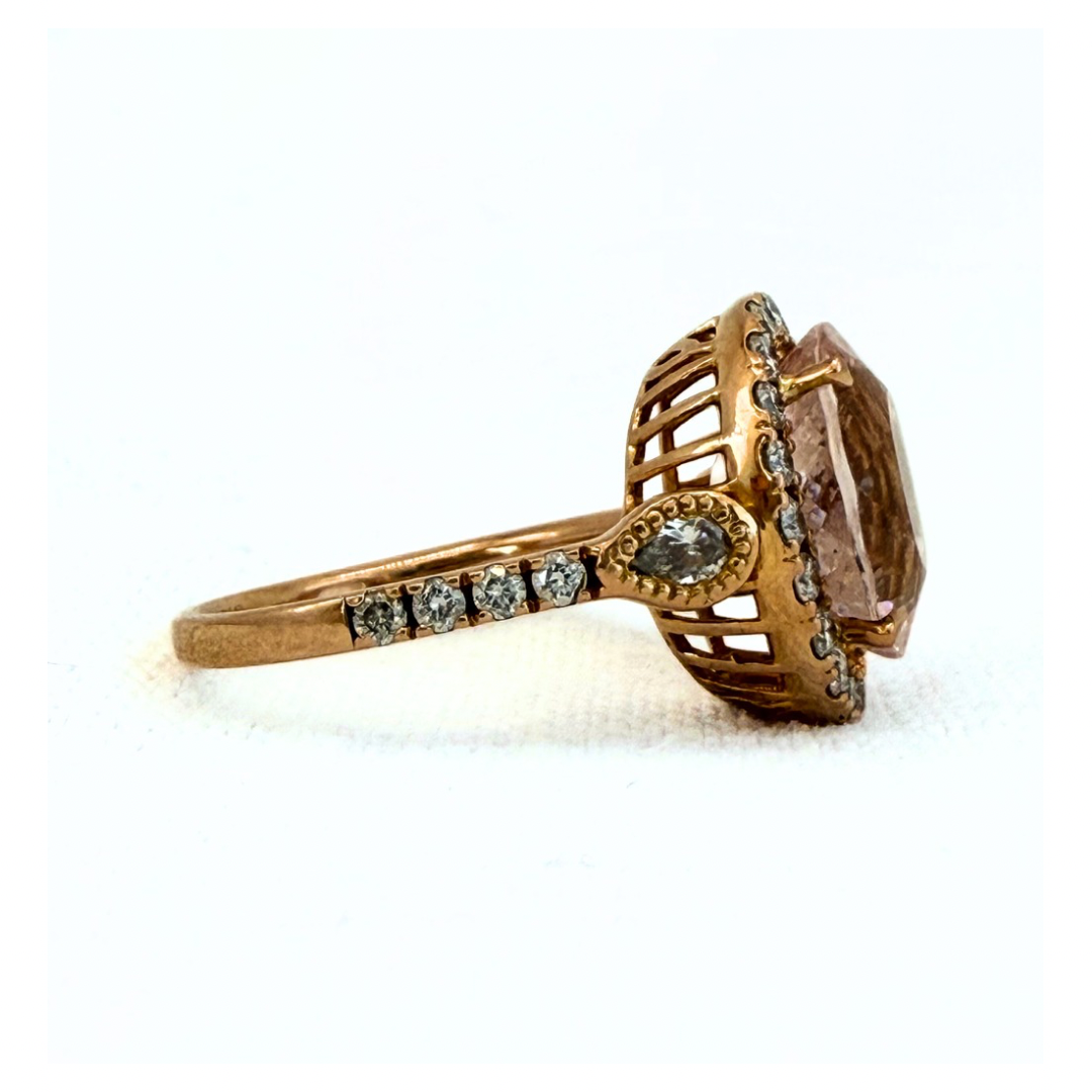 0.85ct 30 Diamond and Browns designer large Oval Pink Morganite gemstone 18ct luxury gold halo ring