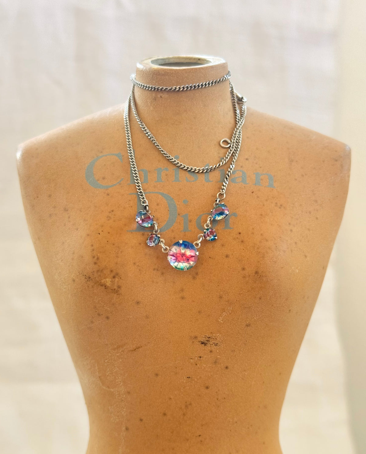 .1920s .1930s Art Deco Iris Glass Riviera .835 silver chain necklace