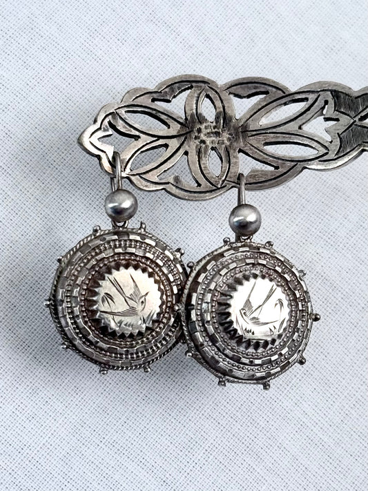 .1870s .1890s .925 Aesthetic Movement Etruscan revival rare and magnificent Victorian antique silver swallow bird sweetheart drop earrings