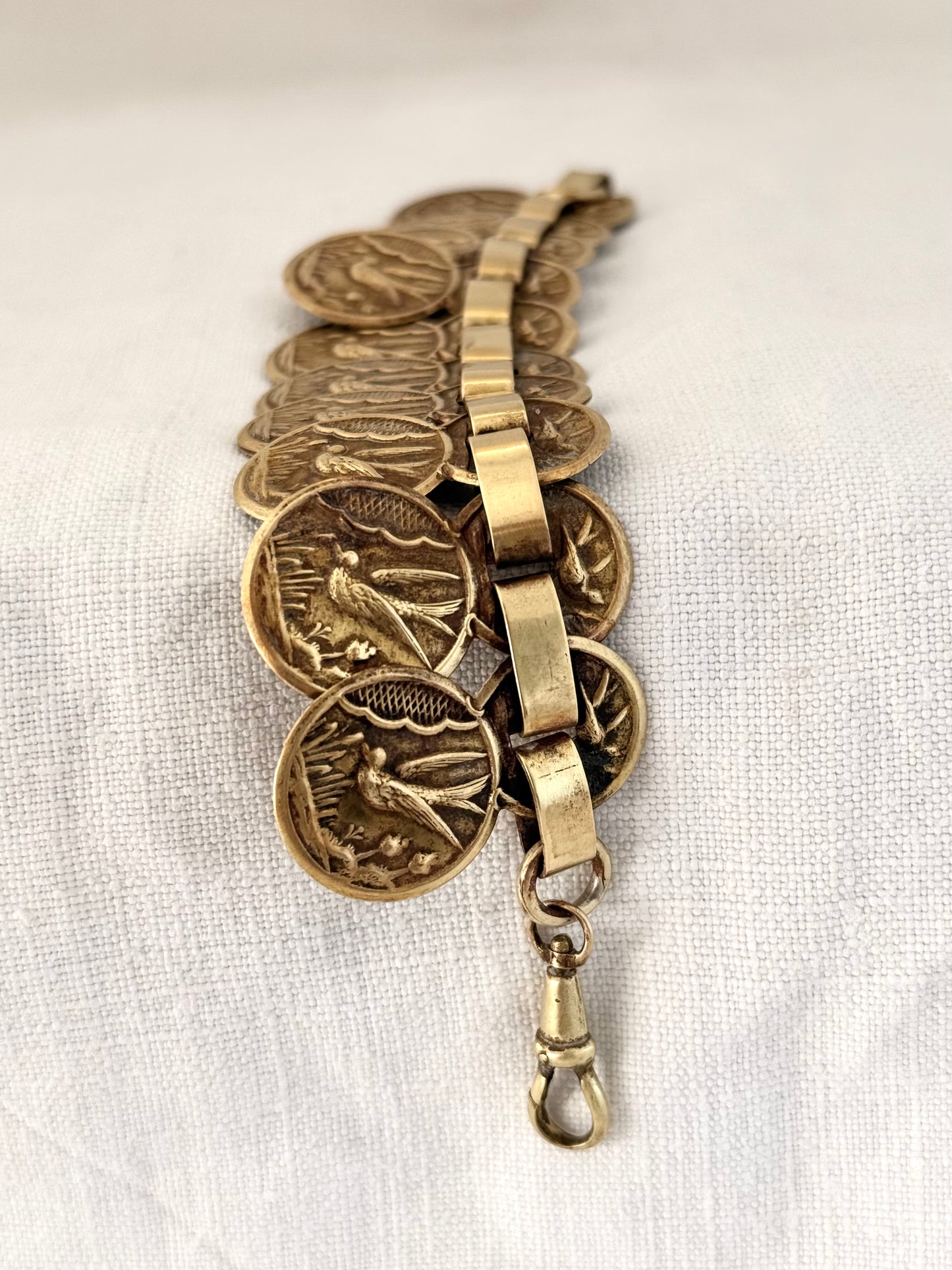 .1880s antique aesthetic movement book link Victorian Gold tone brass Swallow and Swift Sweetheart panel bracelet