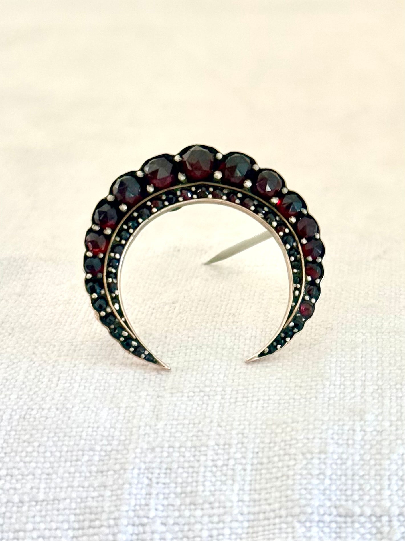 .1880s .1890s antique fine Bohemian Garnet gemstone set crescent celestial moon collectors silver gold brooch