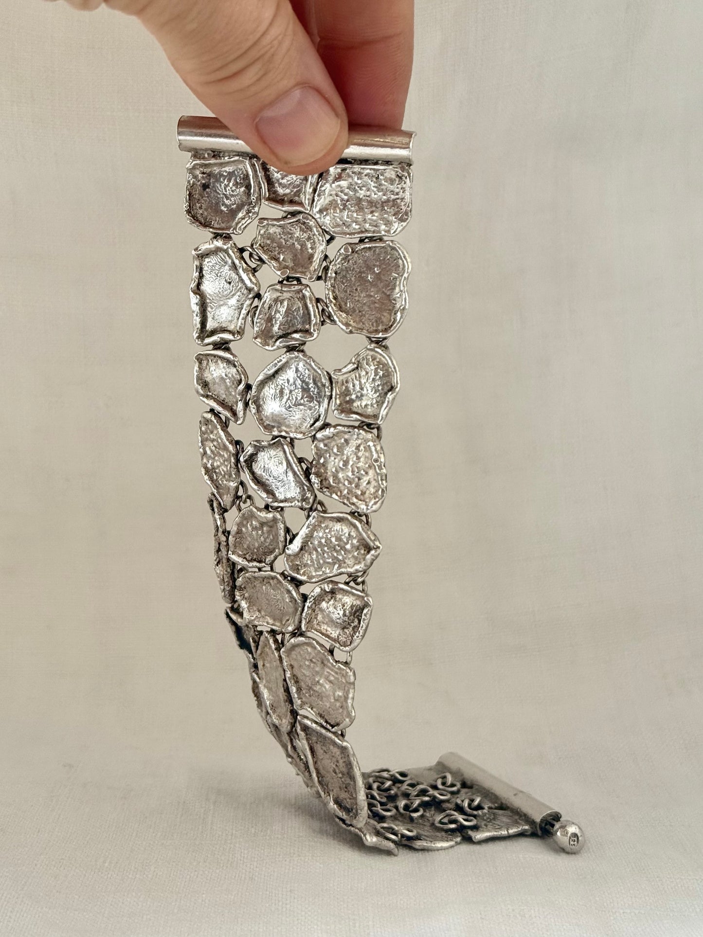 .1950s .925 Brutalist Modernist chunky silver hand made free form wide solid silver accent panel bracelet