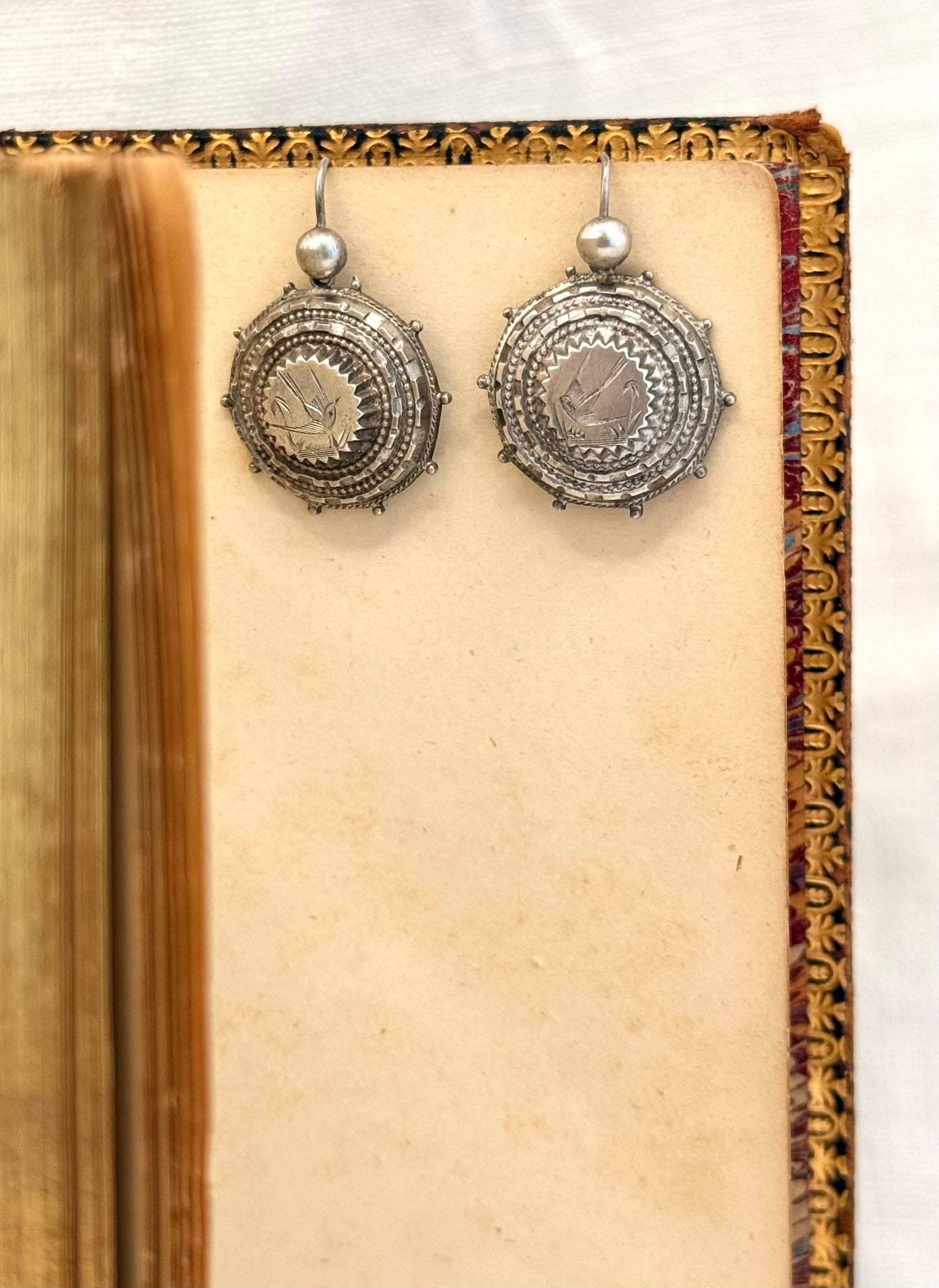 .1870s .1890s .925 Aesthetic Movement Etruscan revival rare and magnificent Victorian antique silver swallow bird sweetheart drop earrings