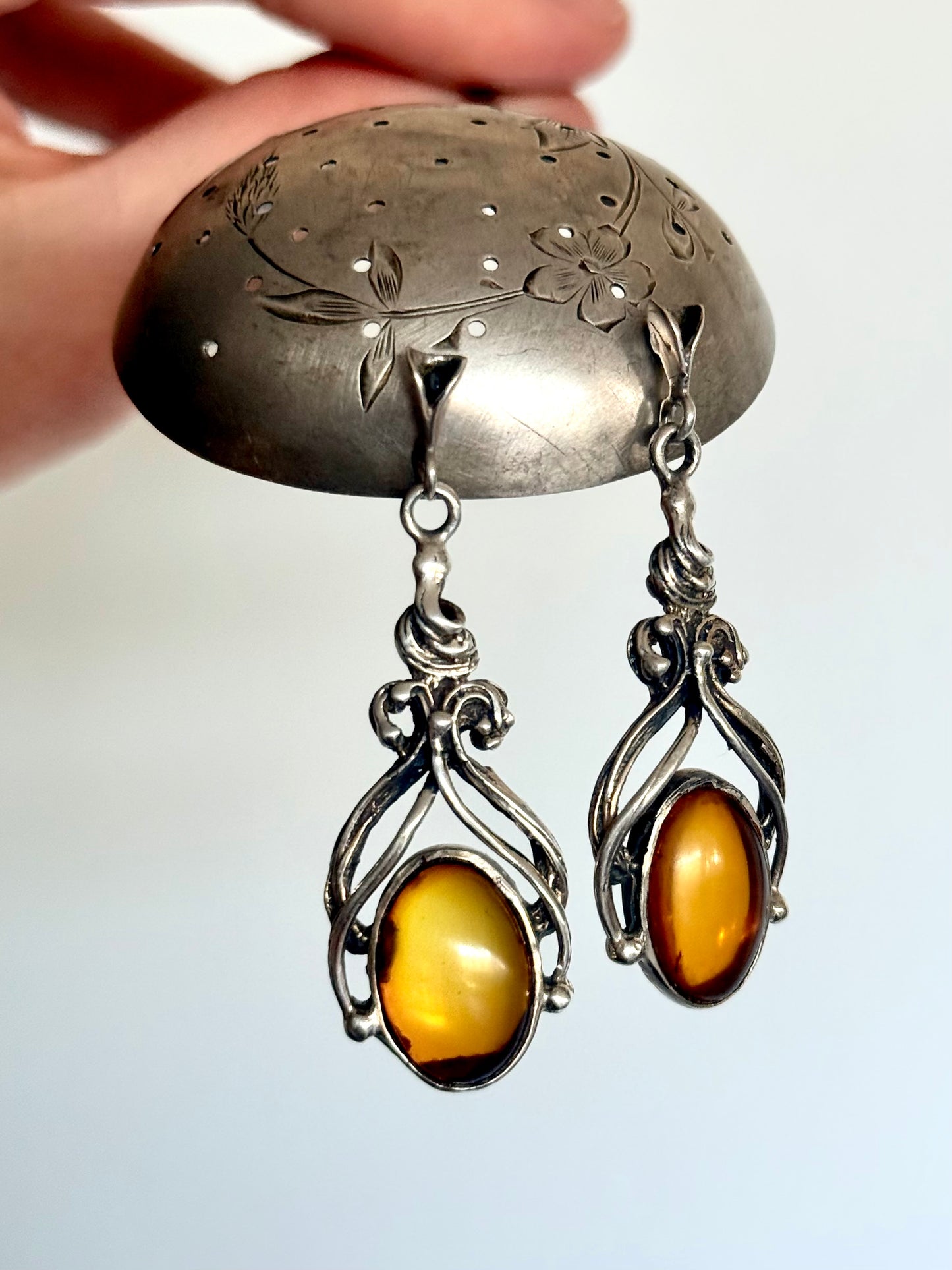.925 Baltic Amber gemstone romantic antique revival sterling silver drop dangle earrings