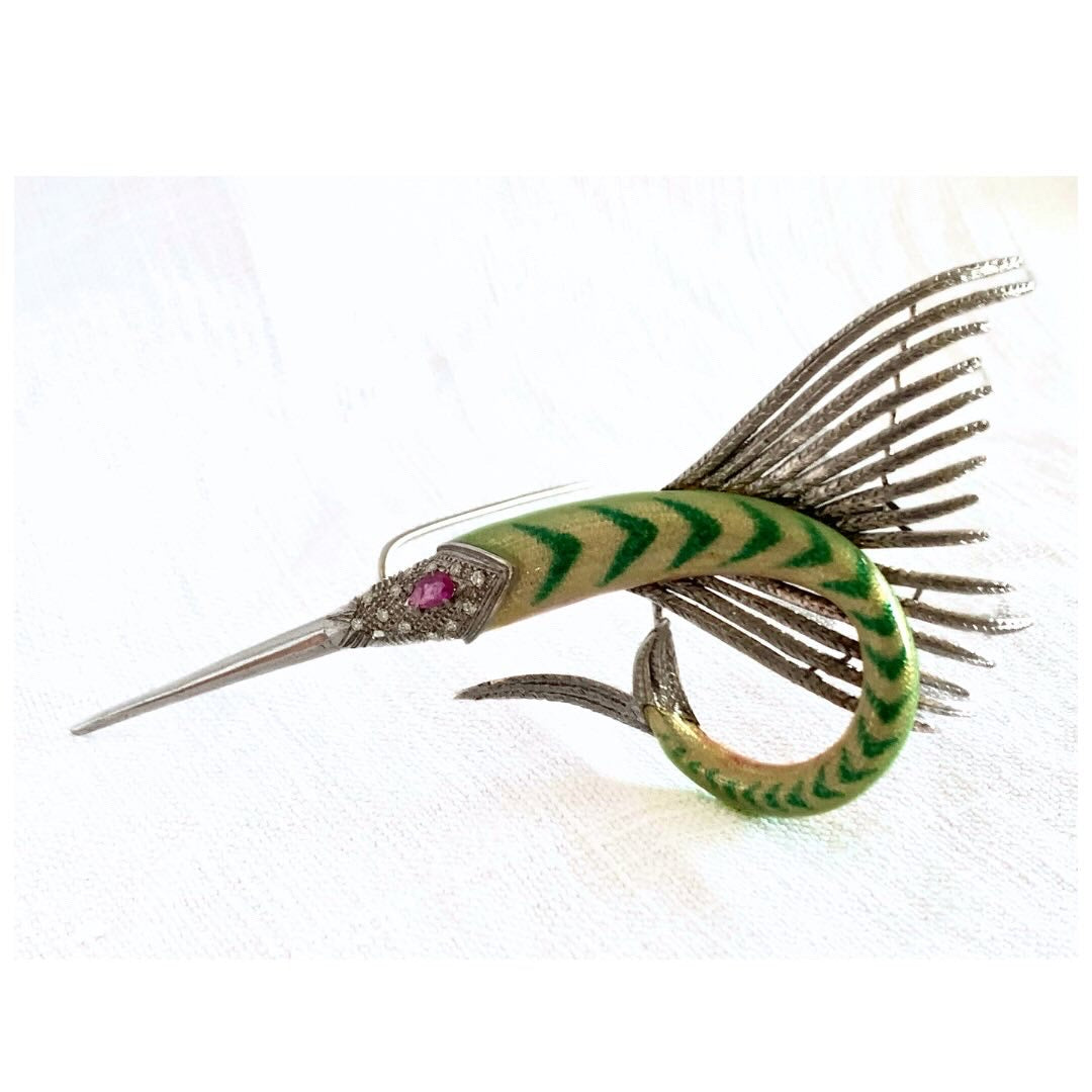 .1940s .18ct .750 high carat Swordfish Diamond, fine Enamel and Ruby Marlin Fish artisan made 750 18k gold dress brooch