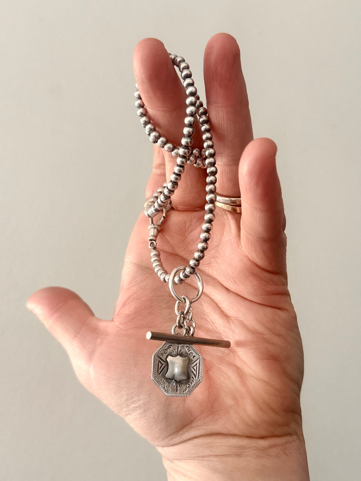 .925 antique revival modernist sterling silver bead chain fob chain t-bar medallion toggle chain necklace