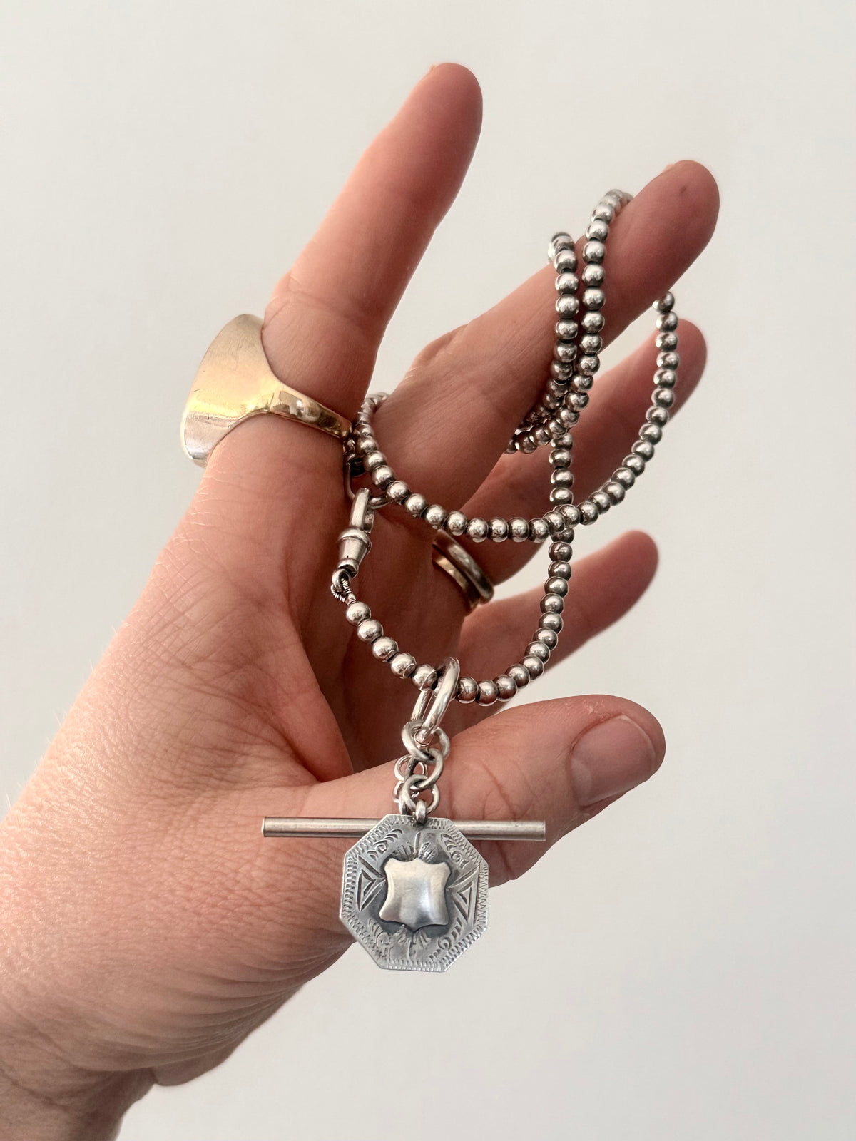.925 antique revival modernist sterling silver bead chain fob chain t-bar medallion toggle chain necklace