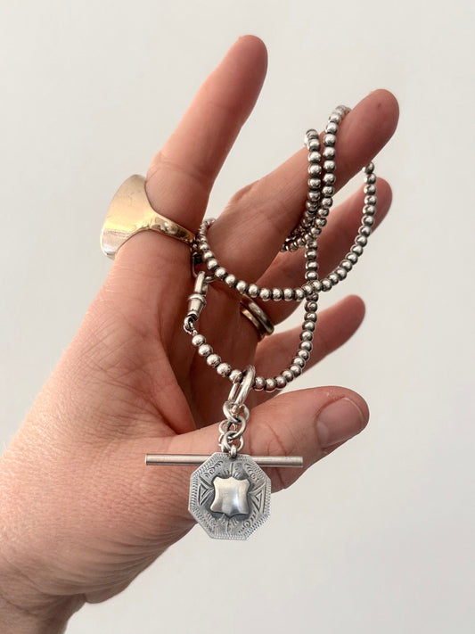 .925 antique revival modernist sterling silver bead chain fob chain t-bar medallion toggle chain necklace