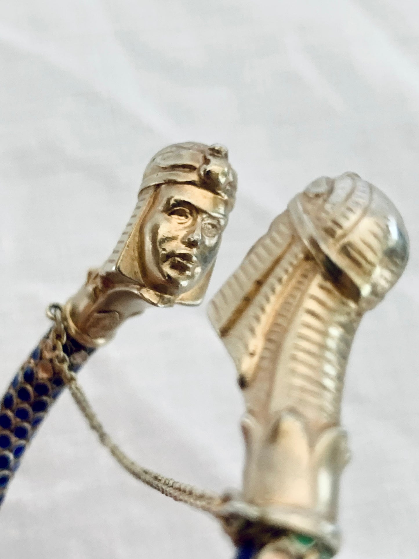 .1920s .935 Art Deco SALE rare find Egyptian revival French silver enamel articulated Pharaoh figural bangle