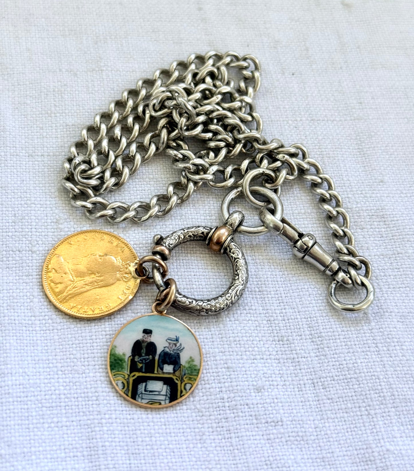 .1900s .1910s .900 .925 silver antique Edwardian solid sterling silver fob chain watch chain curb chain with rare fancy oversized bolt ring spring clasp