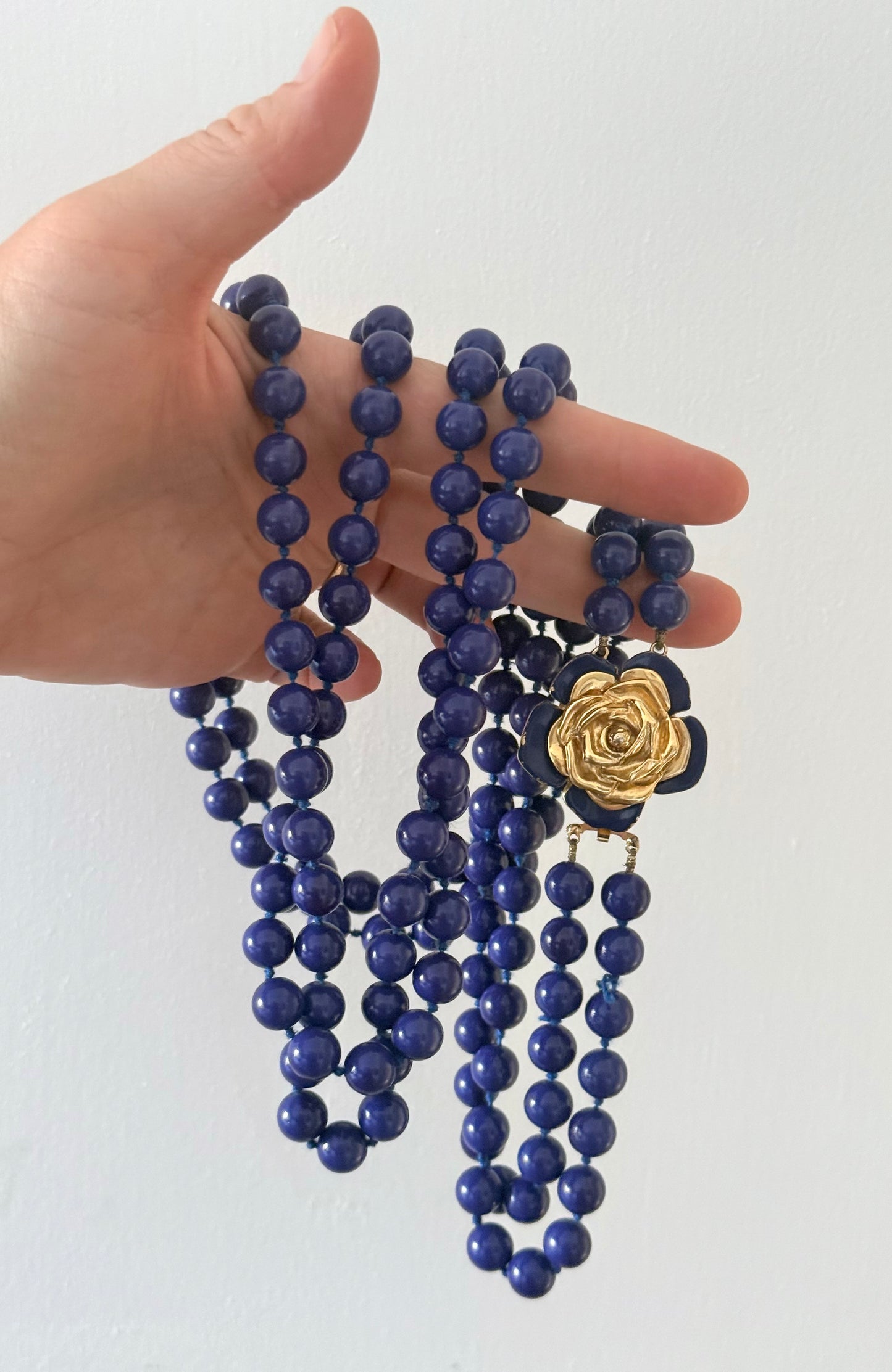 .100cm long .1980s Rare Yves Saint Laurent designer double long strand Lapis Blue Royal Blue Rose Flower gold tone floral clasp costume accent necklace