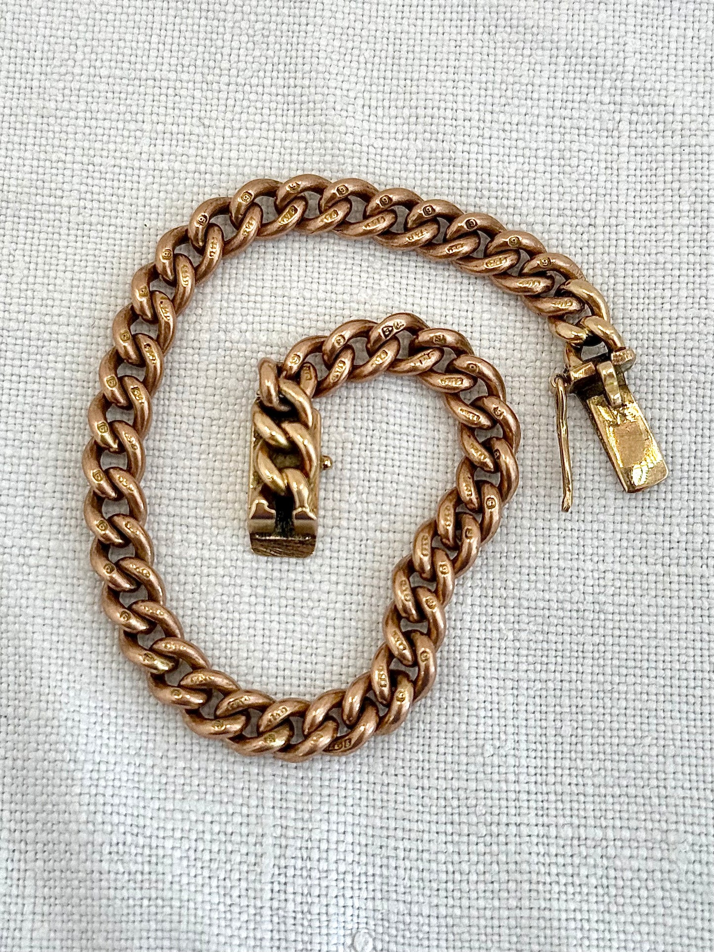 .1900s .375 9ct antique heirloom gold chunky solid weighted warm Rose Gold English 9ct gold hallmarked curb chain fob chain box clasp bracelet