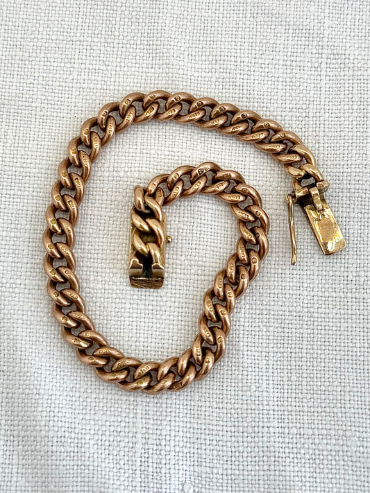 .1900s .375 9ct antique heirloom gold chunky solid weighted warm Rose Gold English 9ct gold hallmarked curb chain fob chain box clasp bracelet