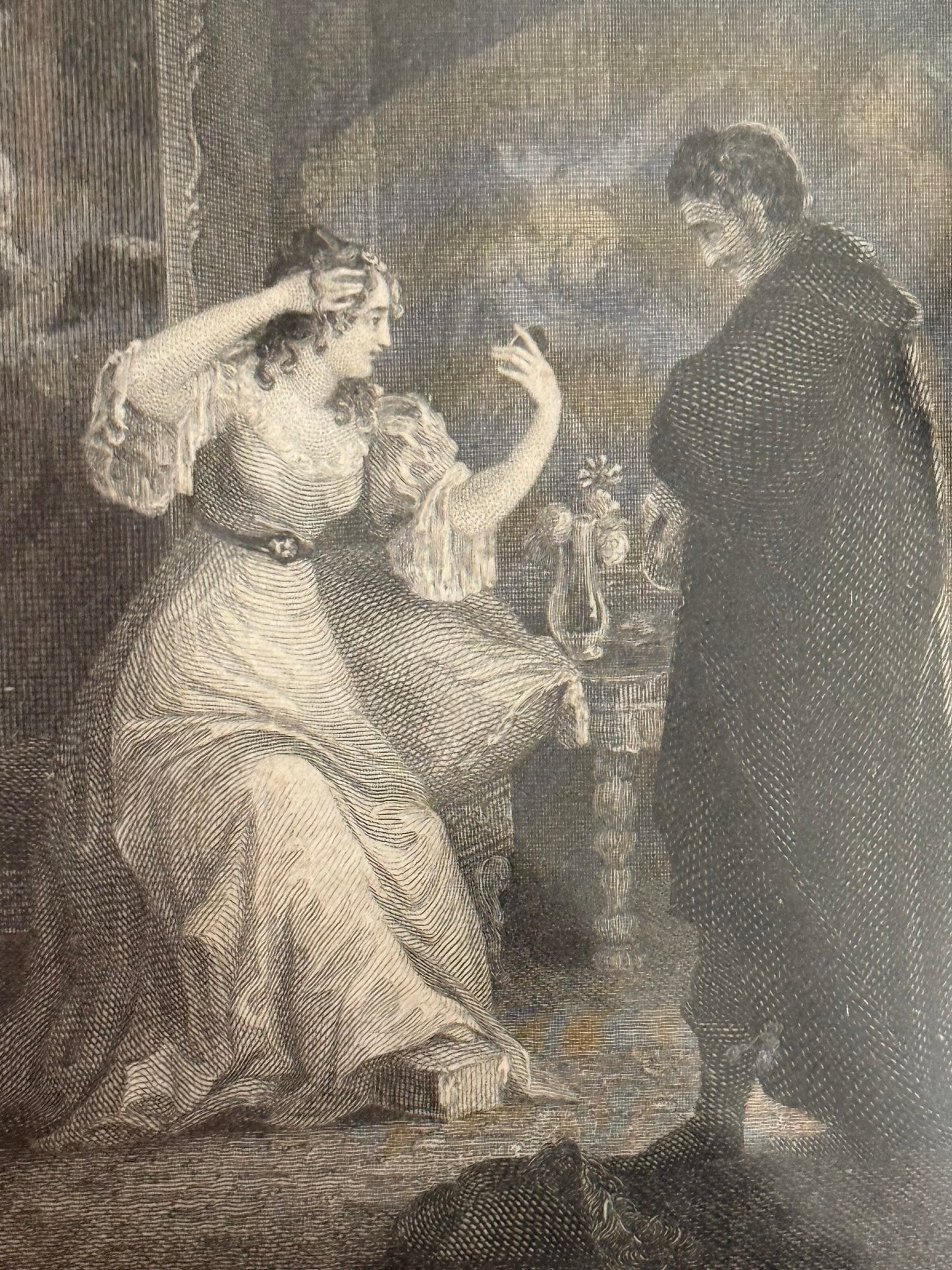 .1800s .1850s antique bookplate steel engraving framed Romantic Gothic literature scene depiction
