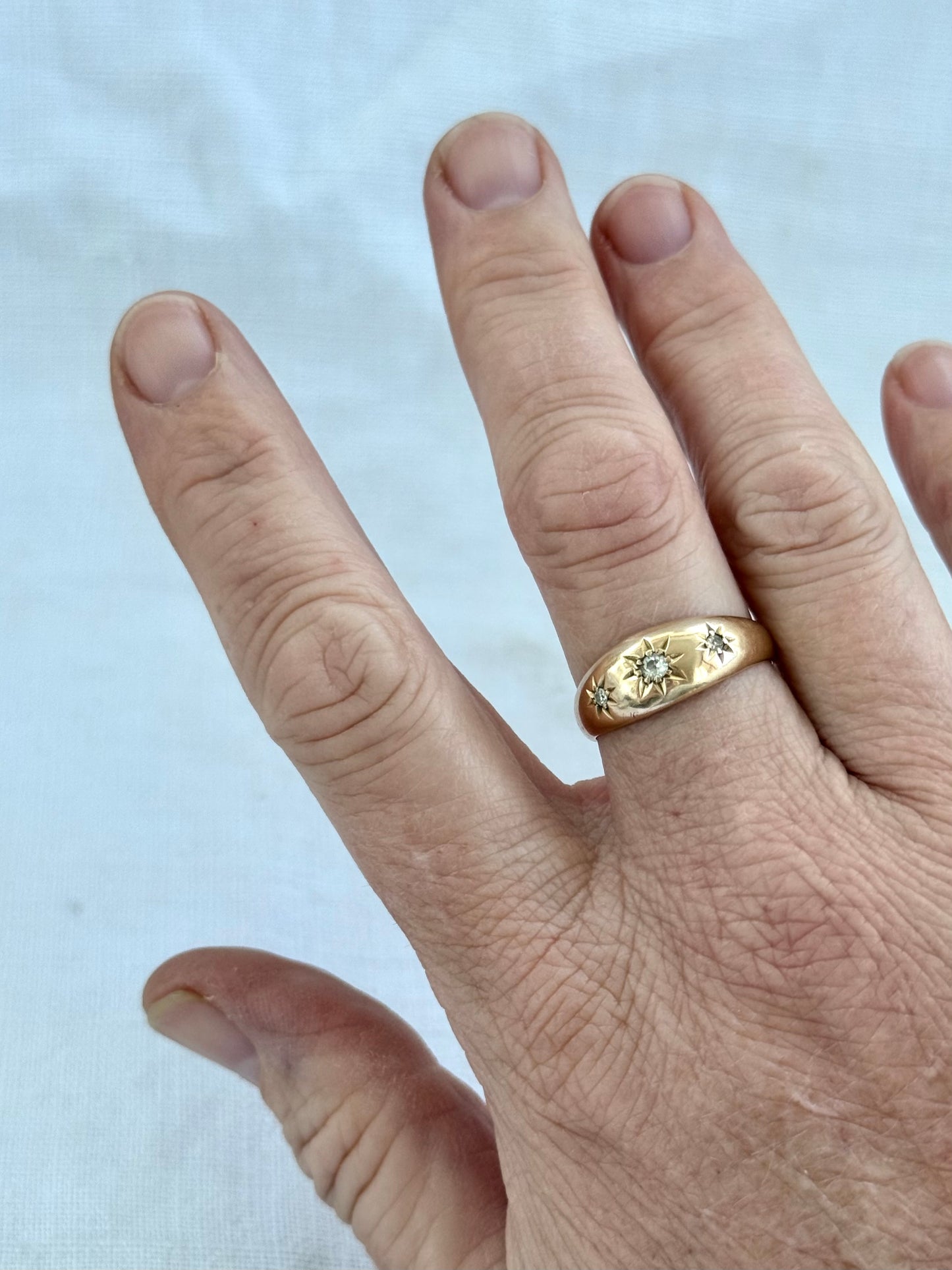 .1894 .18ct .3 diamond Birmingham circa 1894 fancy three star starburst diamond gypsy band high carat gold Victorian engagement wedding commitment ring