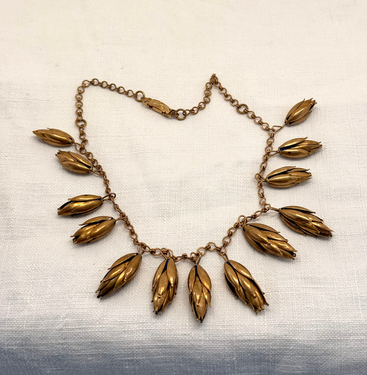 .1940s arts and crafts bronze flower pod seed pod fancy link dangle chocker chain Scandinavian necklace
