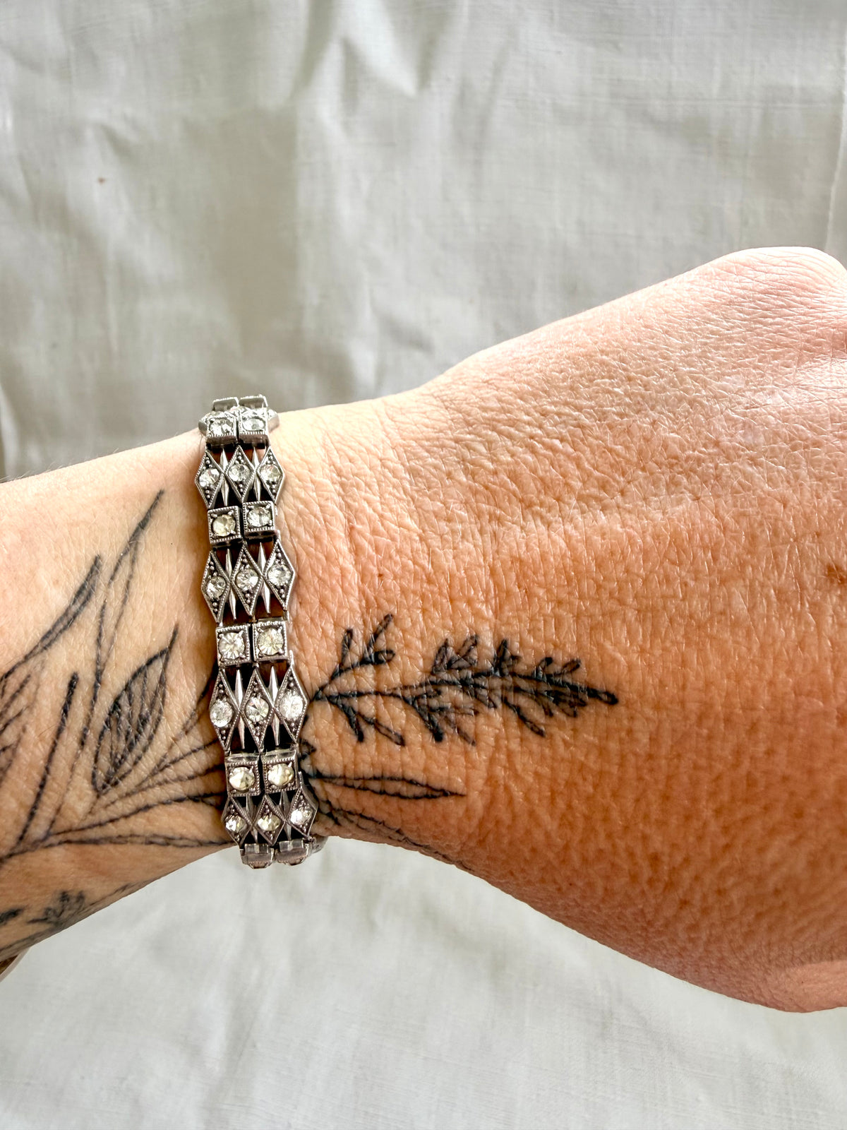 .1930s .1940s .925 Art Deco style diamond paste stone triple fancy link tennis style sterling silver tennis clasp bracelet