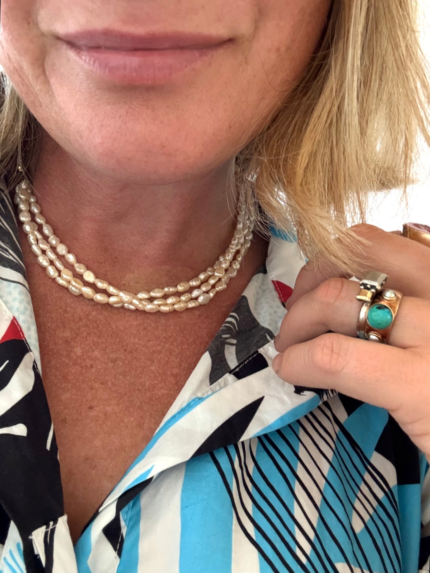 .375 3 strand freshwater rice pearl multi strand vintage 1930s style pearl necklace with precious 9k gold slider clasp