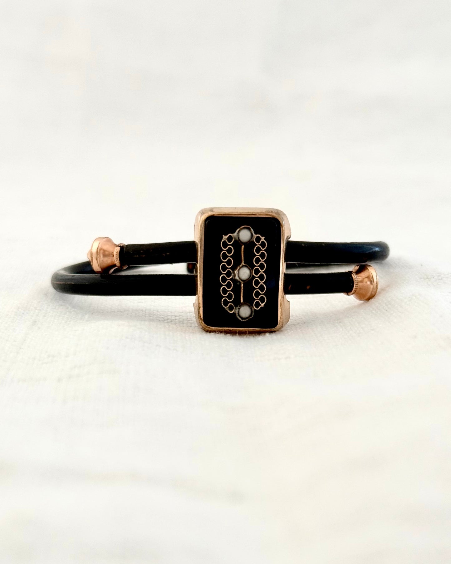 .1870s antique rare Victorian Gold Filled Onyx Gemstone Wedding or Mourning Bypass spring clasp bangle bracelet
