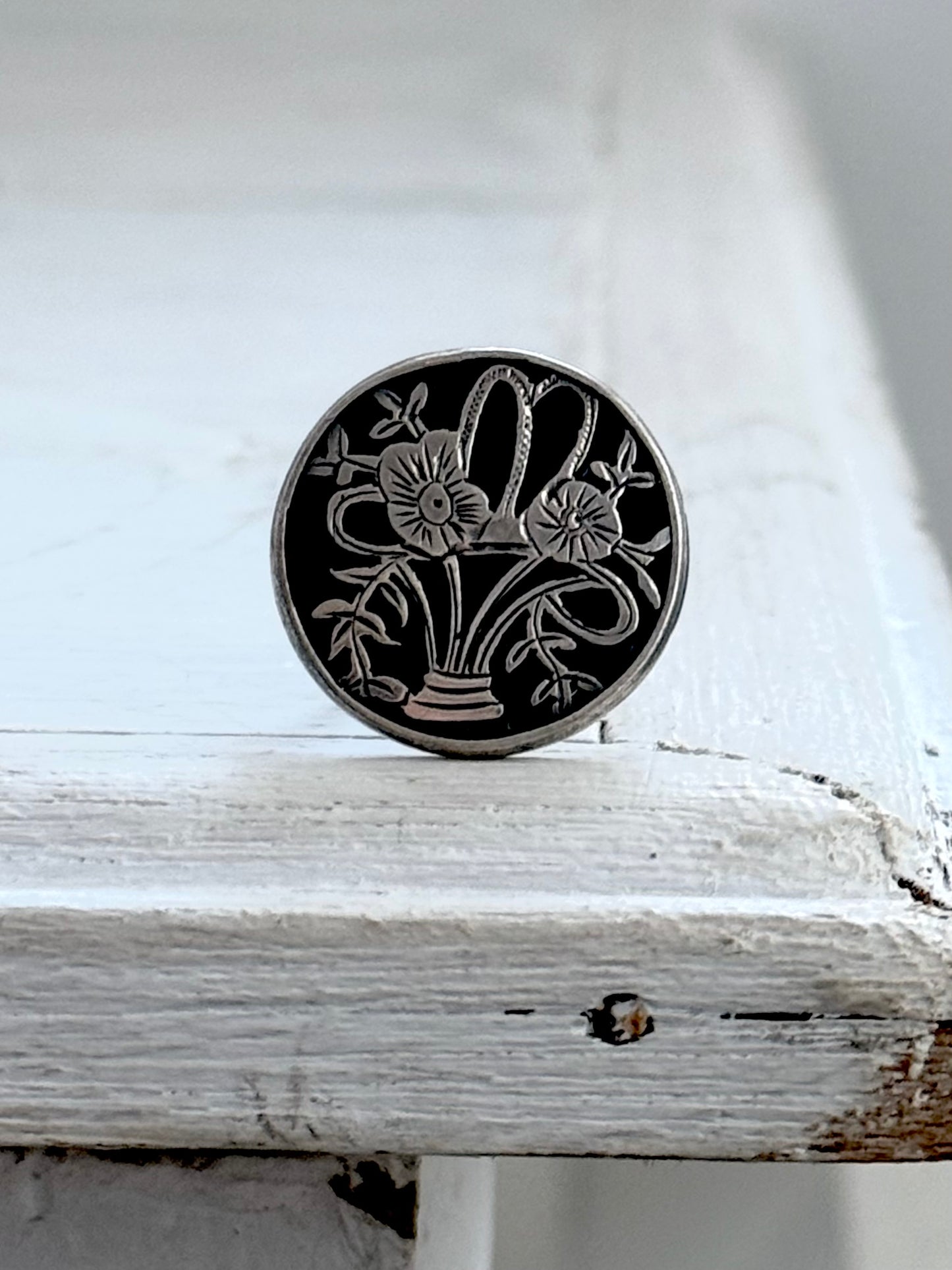 .1911s .925 antique Edwardian Victorian revival flower basket Giardinetti sweetheart button hallmark silver token brooch