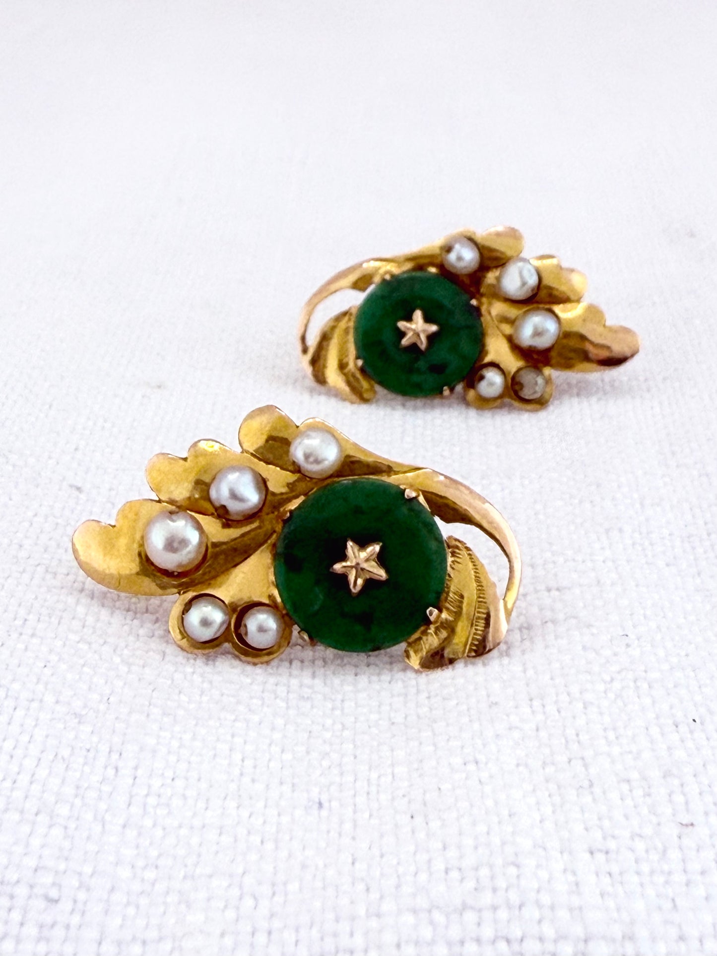 .14ct .1920s Apple Green Art Deco era Chinese Jade and pearl high yellow carat gold leaf earring with Apple green Jadeite star set seed pearl Chinese 1920s era antique high carat gold post stud earrings