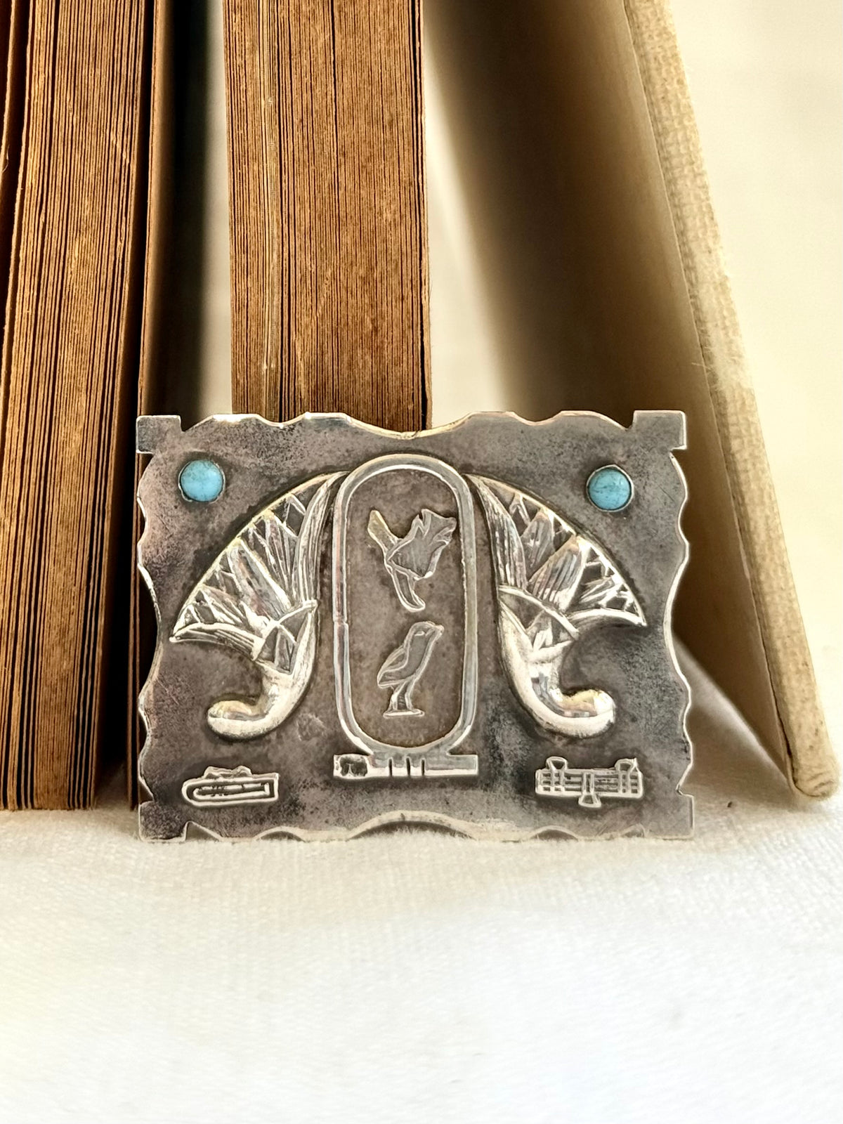 .1940s .800 Egyptian silver Arts & Crafts Hieroglyphics modernist silver and turquoise brooch pin