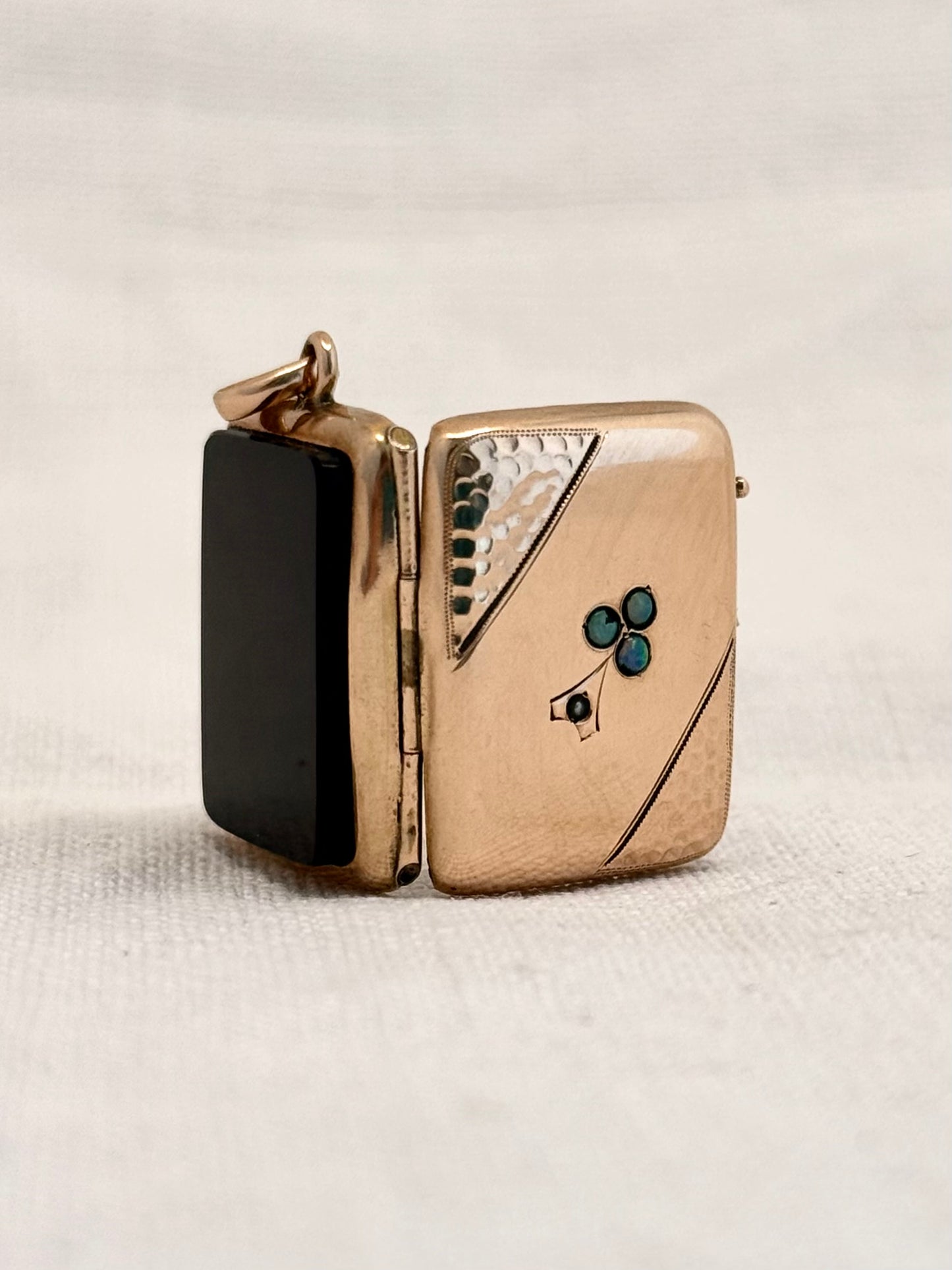 .1890s .1900s antique Victorian to Edwardian exquisite Rose Gold Cased photo locket with Opals and Pearl flower decal and Onyx gemstone back