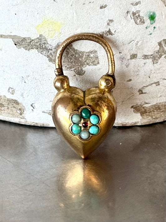 .1800s .1860s antique Georgian to Victorian era collectors heavy Gold fill large puffy heart antique gemstone padlock clasp pendant
