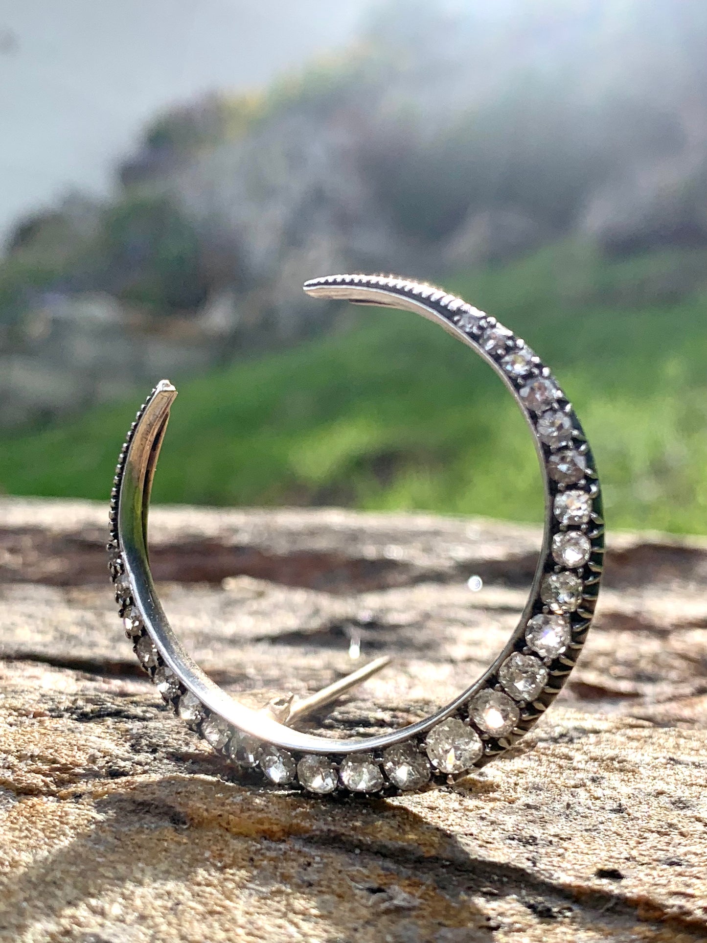 .1800s .2.78ct diamond 9ct Victorian silver collectors Antique Celestial mine cut diamond sought after large crescent Victorian moon brooch