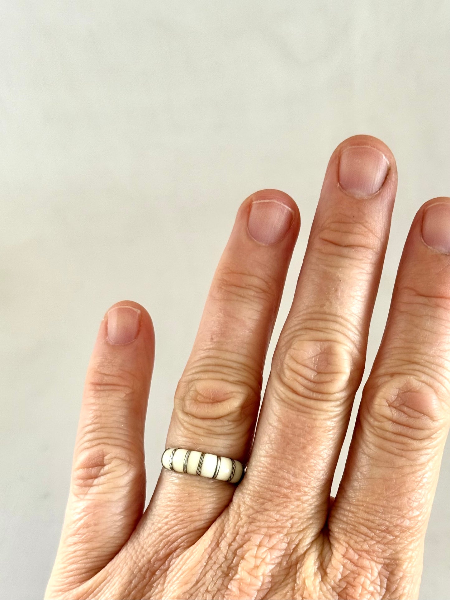 .1960s .1970s .925 artisan silver architectural ivory inlay ring band stackable silver ring