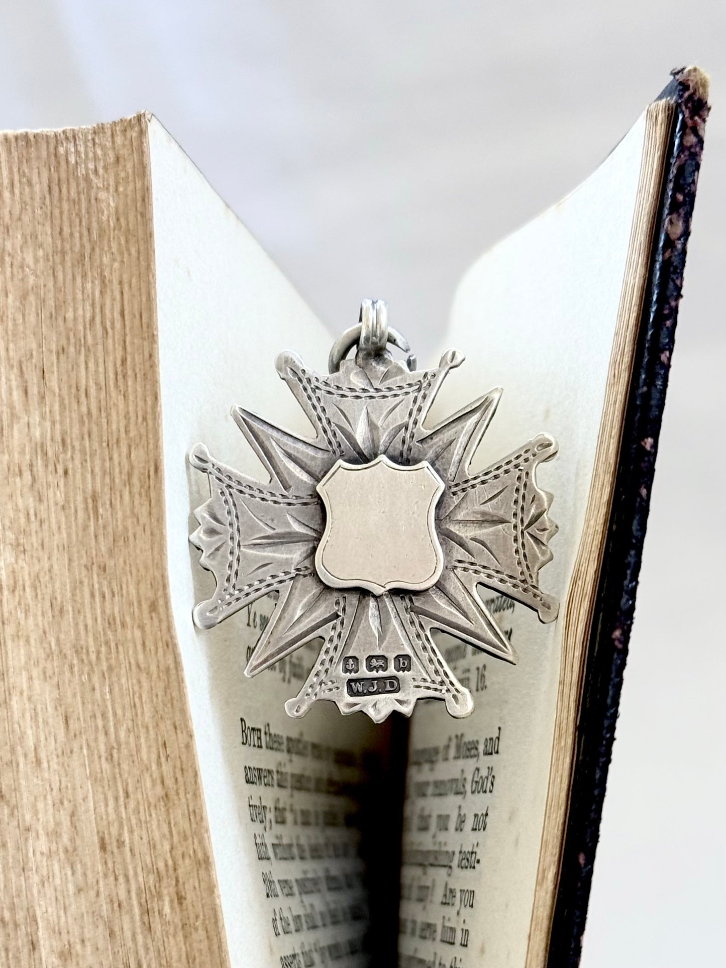 .1901 .925 antique Maltese Cross form Birmingham hallmarked English solid silver hand engraved fob medallion pendant