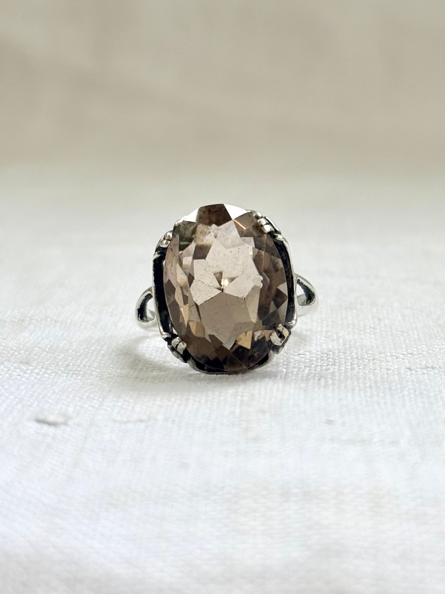.1960s .925 magnificent large Smoky Quartz gemstone Mid Century Modern grey brown moody faceted gemstone retro Modernist sterling silver cocktail ring