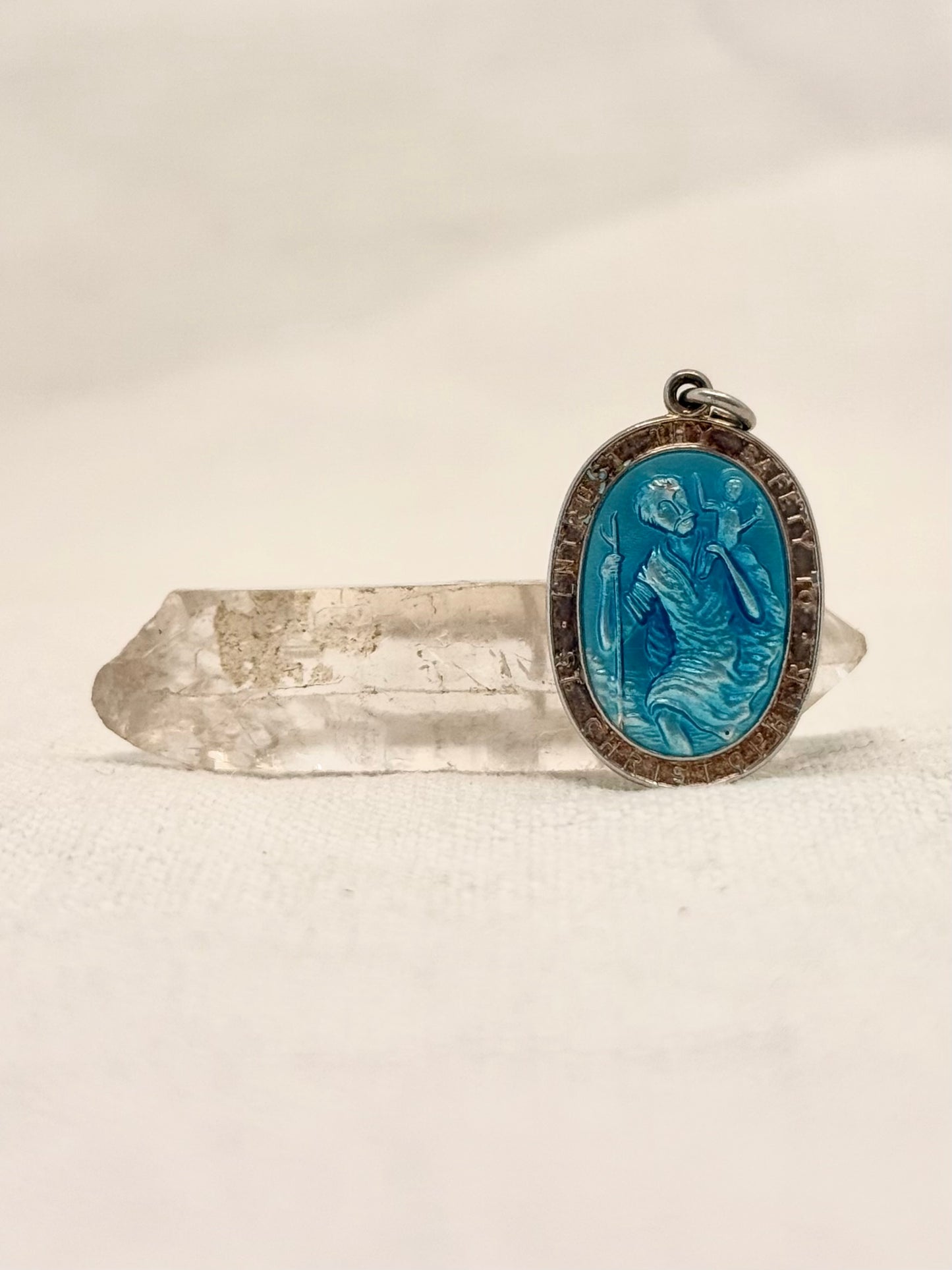 .1970s .925 Georg Jensen designer blue enamel Saint Christopher vintage religious treasured sterling silver token pendant