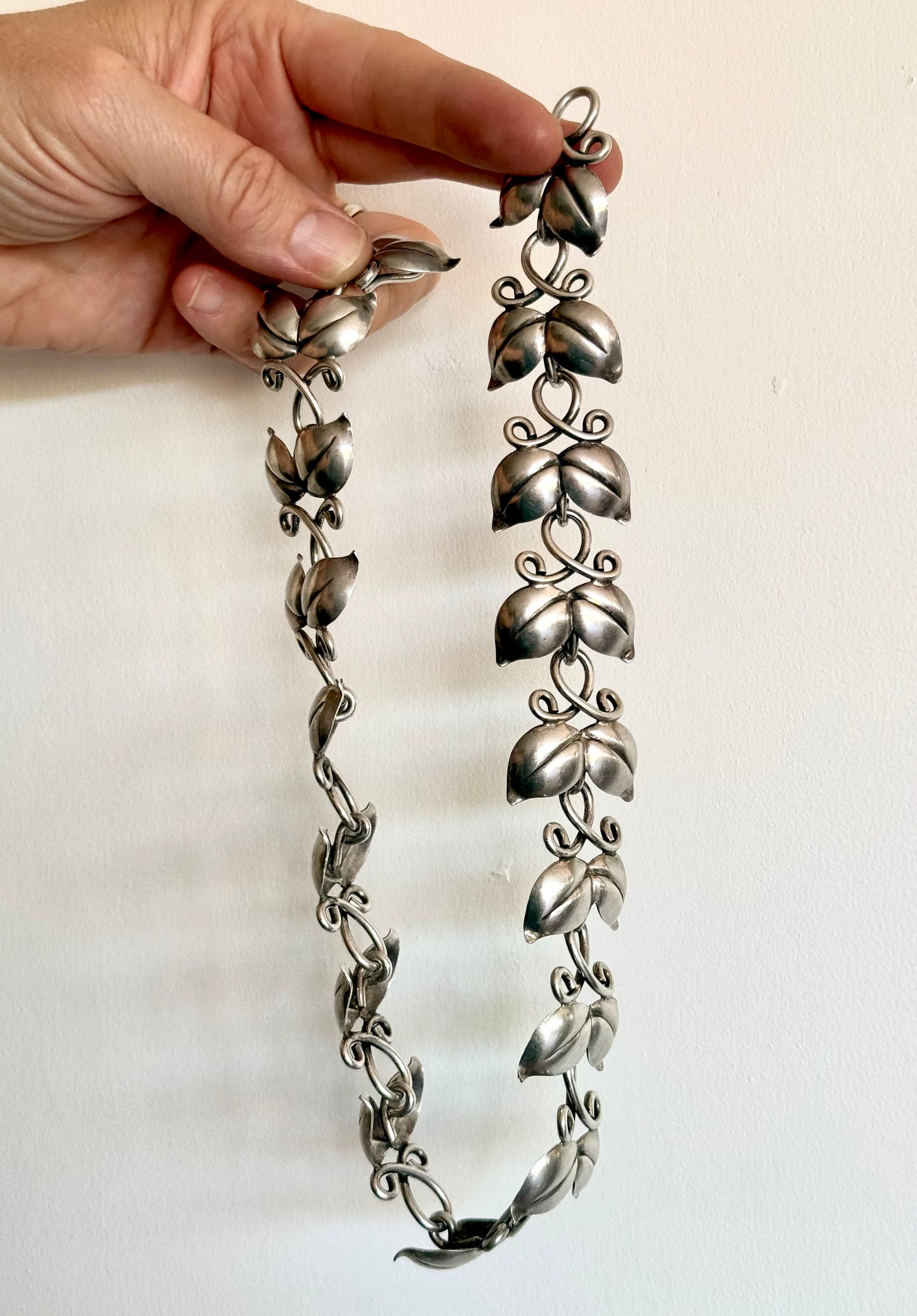 .1946 .925 designer mid century modern double leaf solid sterling silver modernist Scandinavian Swedish Haglund designer heirloom statement necklace