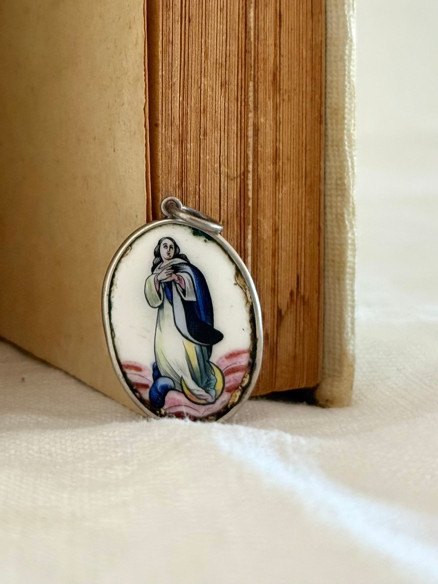 .1890s .1900s antique Portuguese Our Lady of miraculous Conception enamel pendant