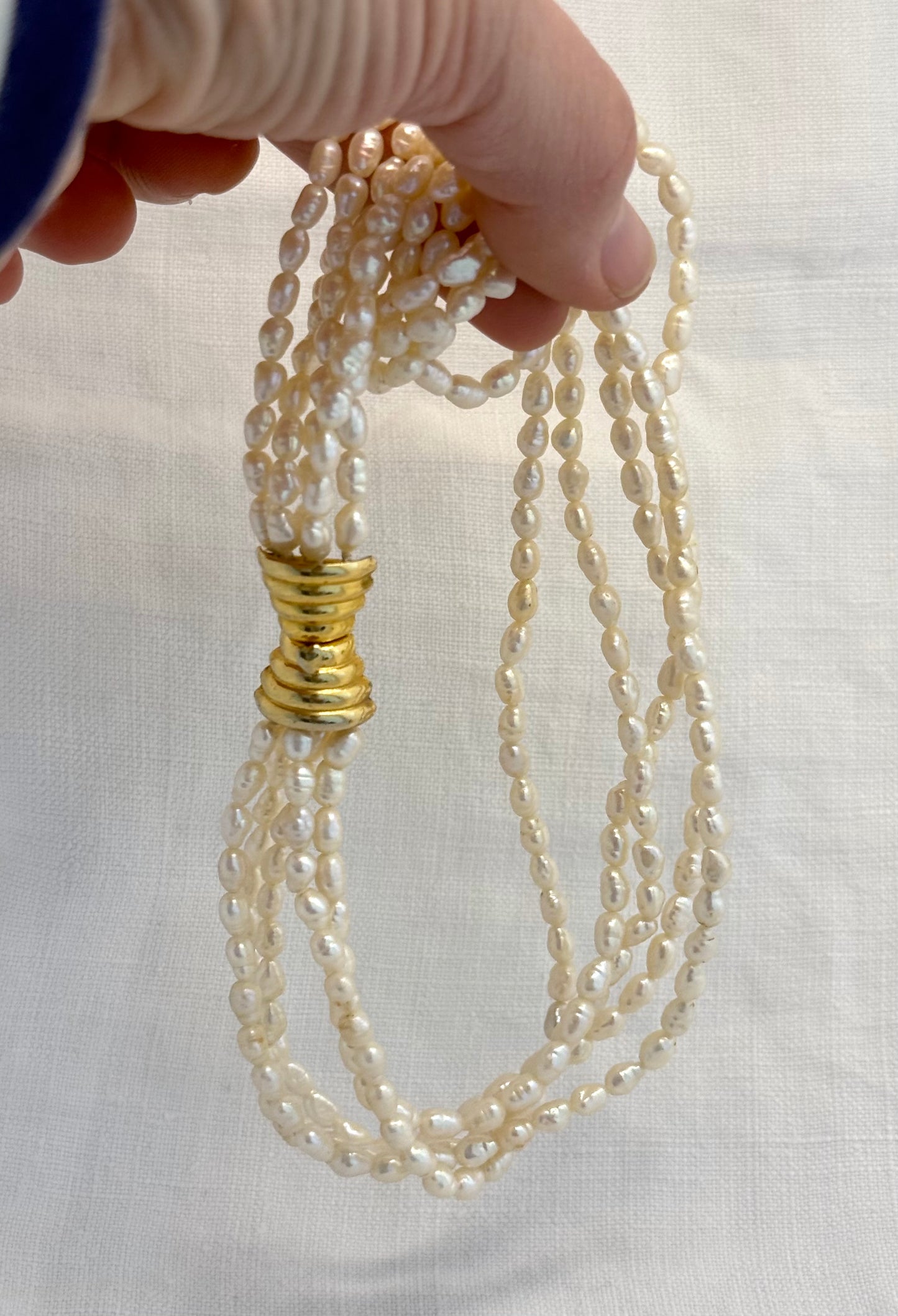 .1980s .5 Strand multi strand Freshwater creamy lustrous Modernist luxury Rice Pearl Necklace