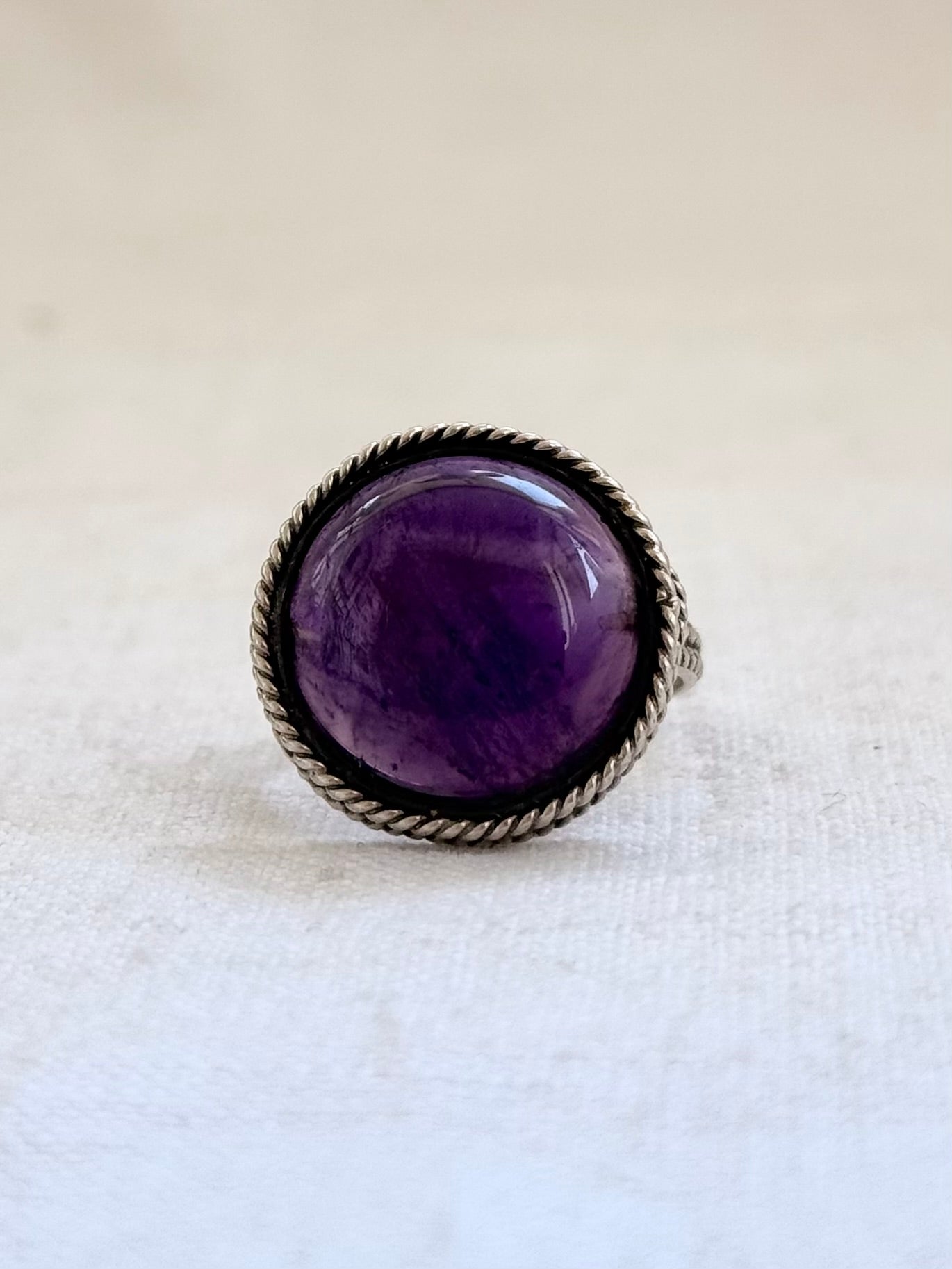 .925 Amethyst cabochon artisan made February birthstone hand crafted large traditional silver craftsman sterling silver statement ring