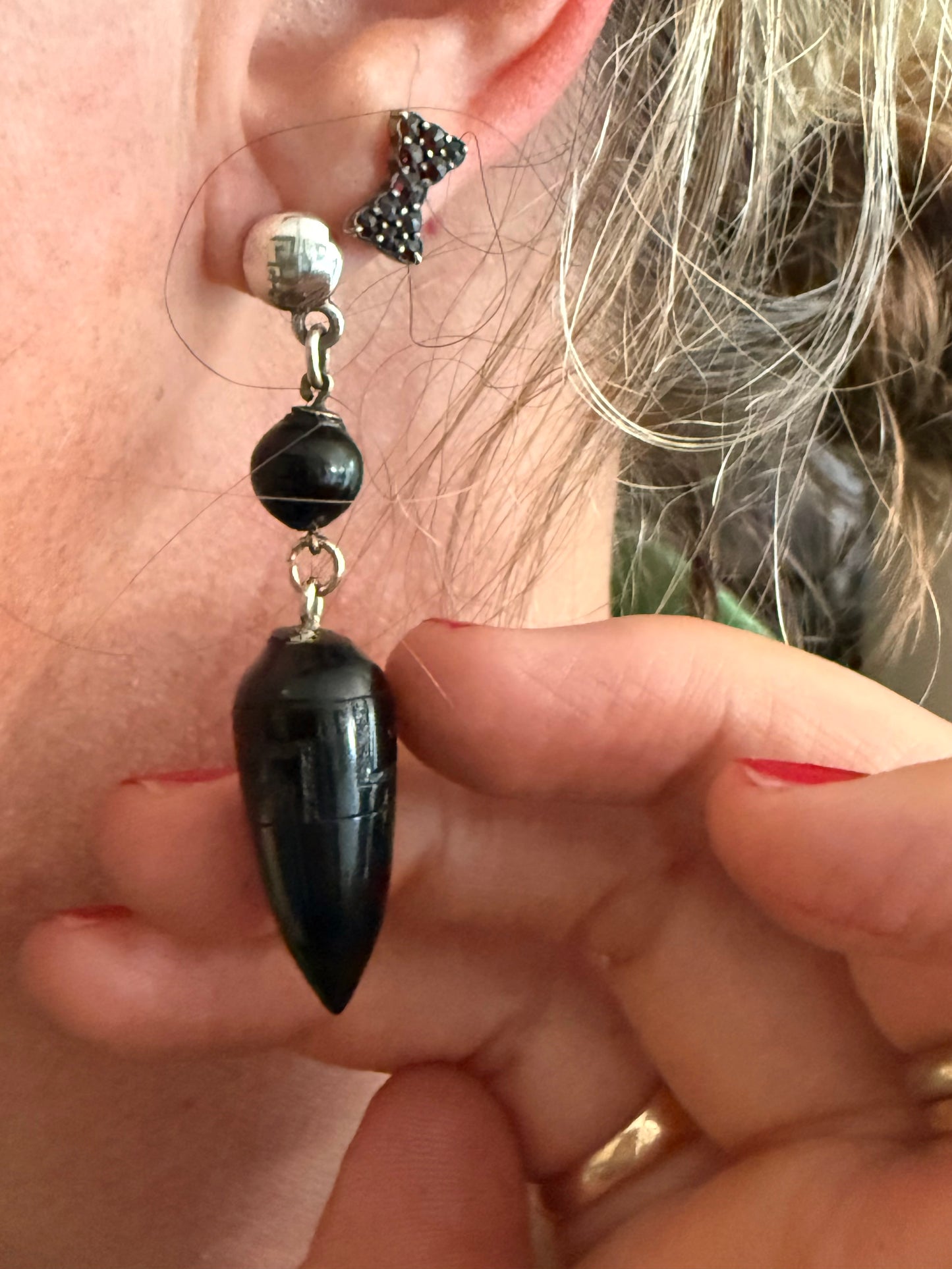 .1860s 835 silver Hellenistic revival Victorian Whitby Jet torpedo drop earrings