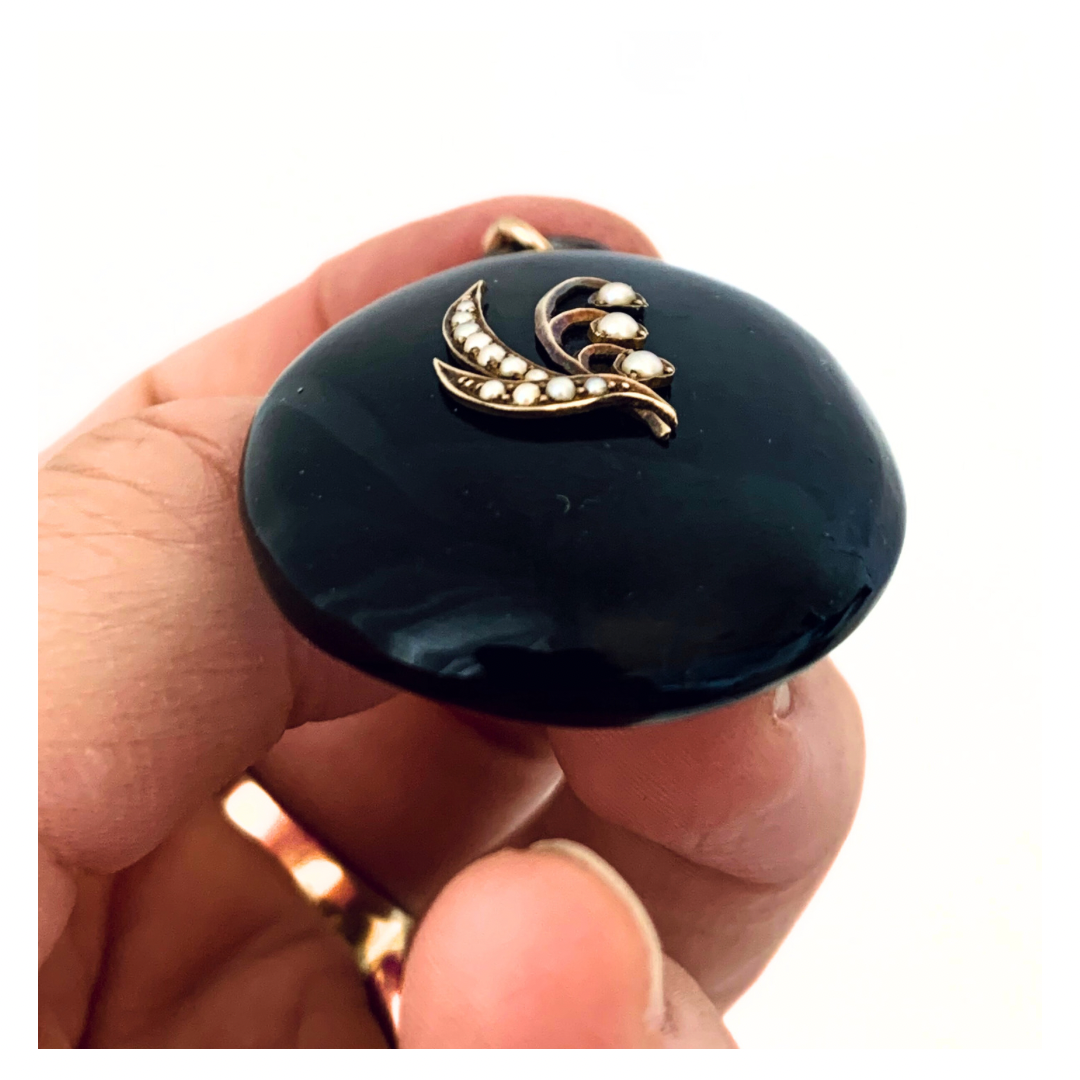 .1870s .1880s antique Victorian era rare and gorgeous natural Pearls and French Jet gold detailed Mourning locket pendant