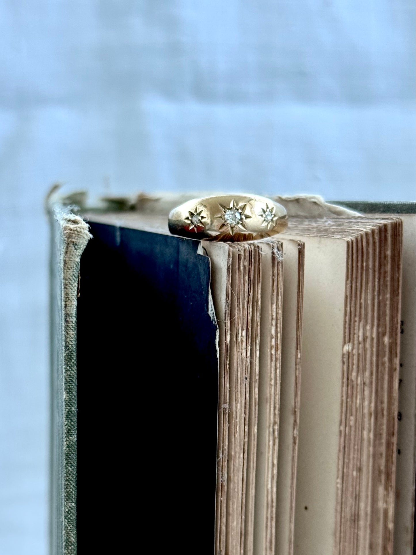 .1894 .18ct .3 diamond Birmingham circa 1894 fancy three star starburst diamond gypsy band high carat gold Victorian engagement wedding commitment ring