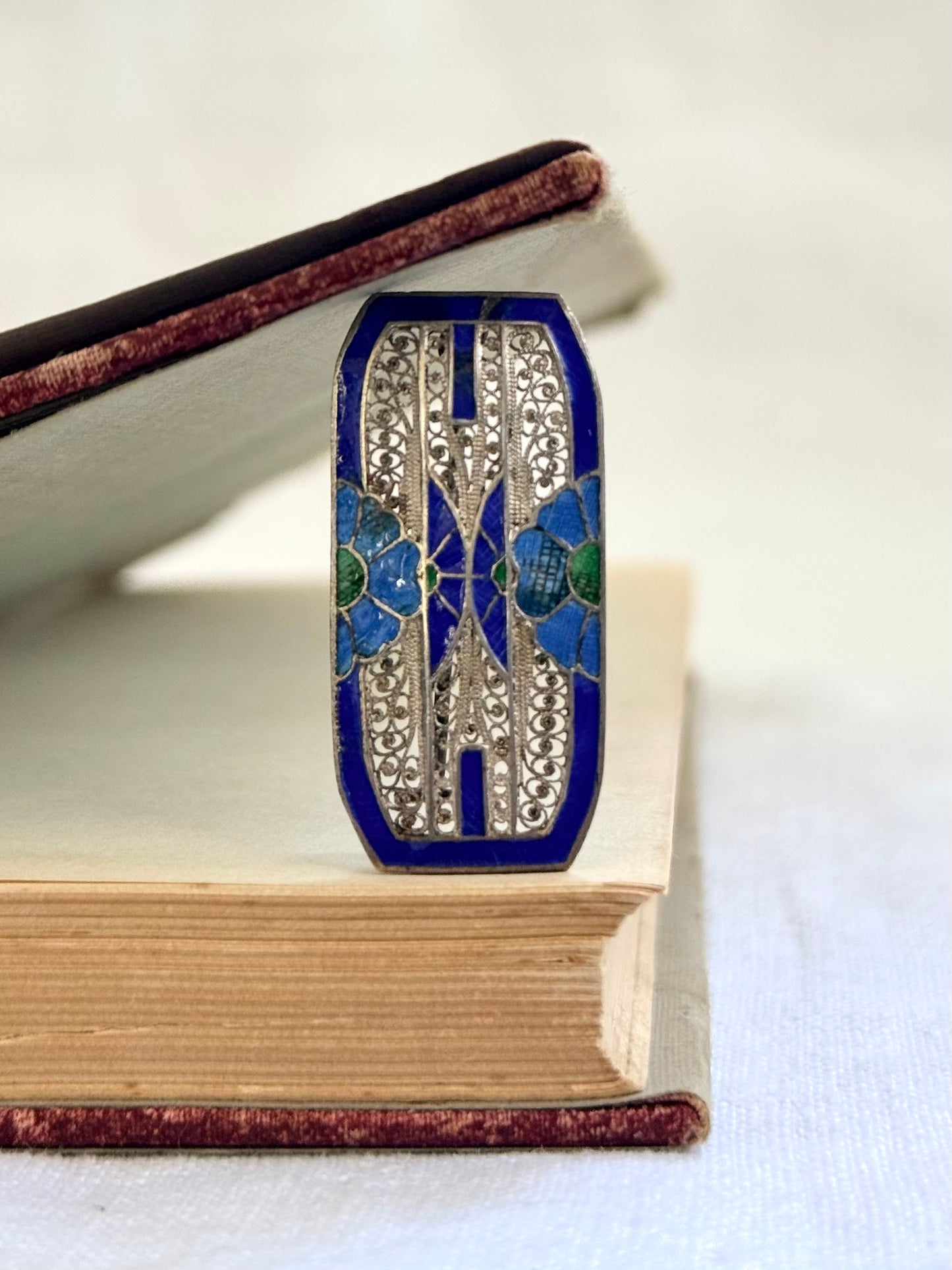 .1920s .1930s Art Deco era Portuguese Enamel and fine silver filigree flower rectangular sweetheart brooch