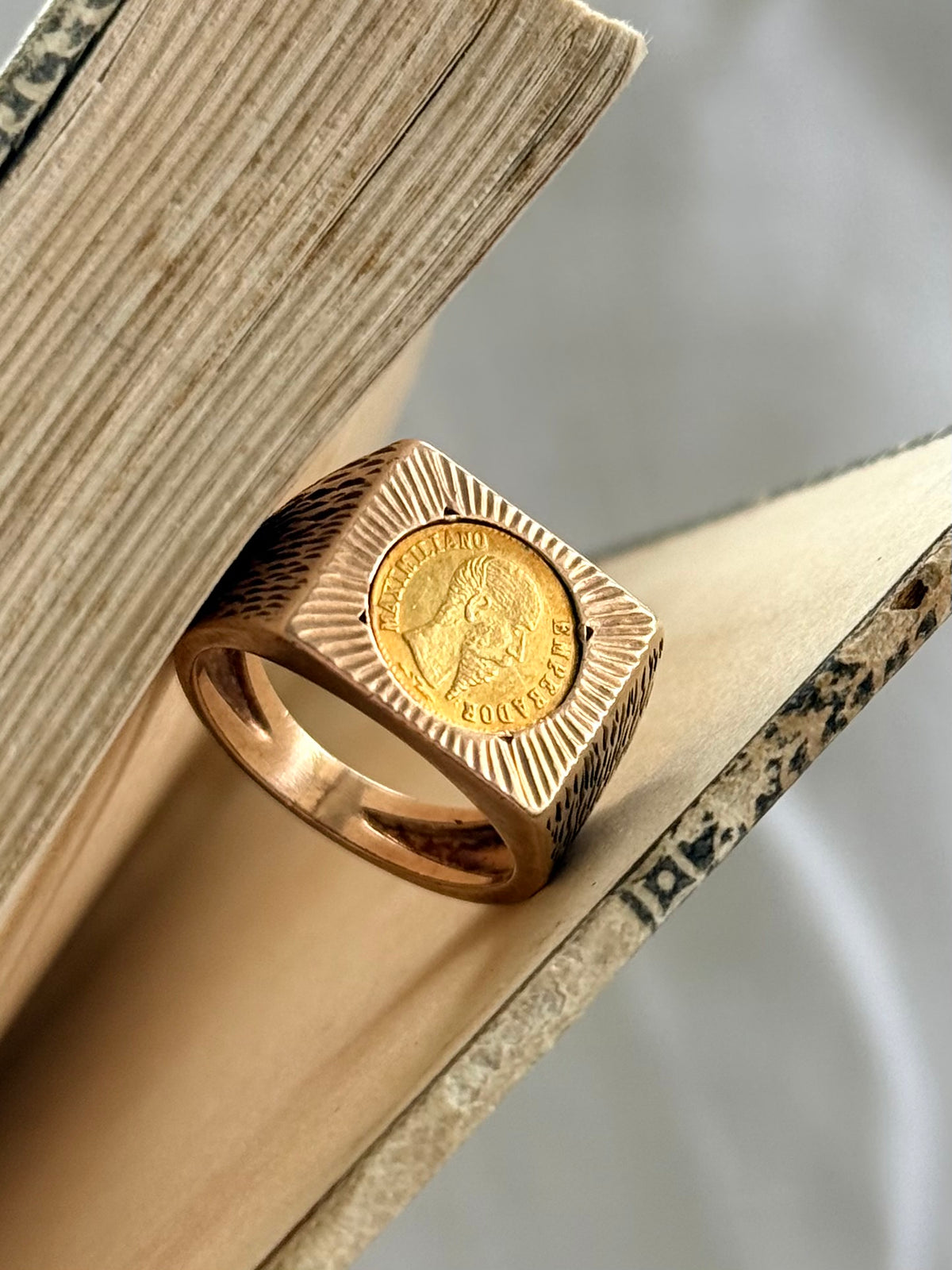 .1960s circa .1865 .375 .9ct gold modernist coin token ring with 22k Mexican circa 1865 high carat gold Emperor Maximiliano collectors coin token